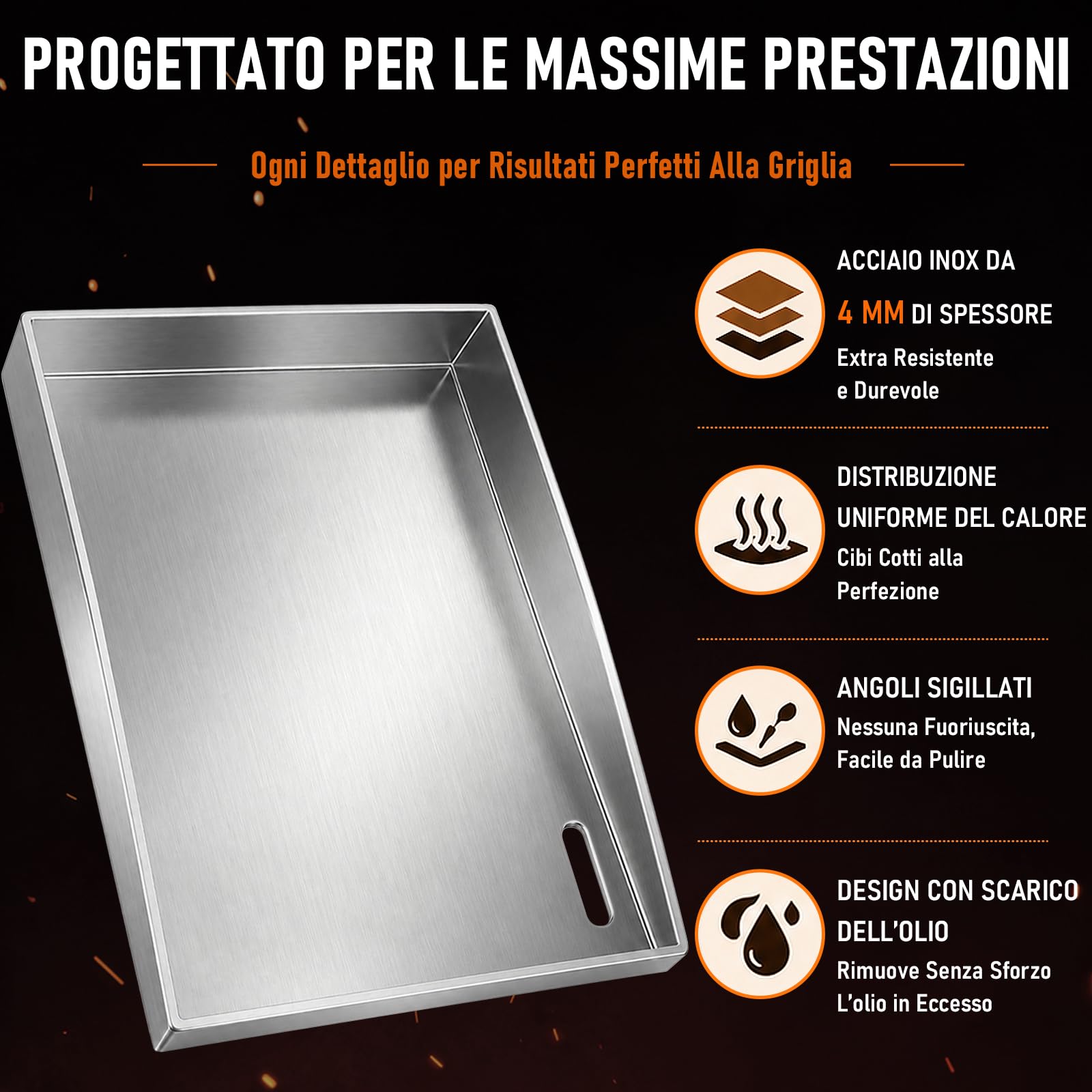 Set di Plancha in Acciaio Inox da 4 mm, 40 x 30 cm, con 5 Pezzi di Utensili per Barbecue, Spatola Inclusa, Stabile e senza Deformazioni, Adatta per Barbecue a Gas e a Carbone.