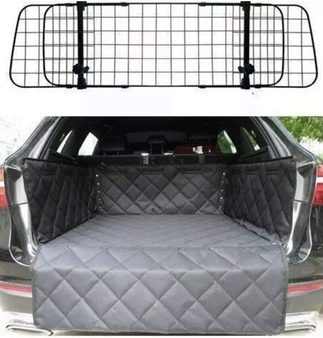 Car Mesh Dog Guard & Quilted Boot Liner Mat & Bumper Protector fits 3 4