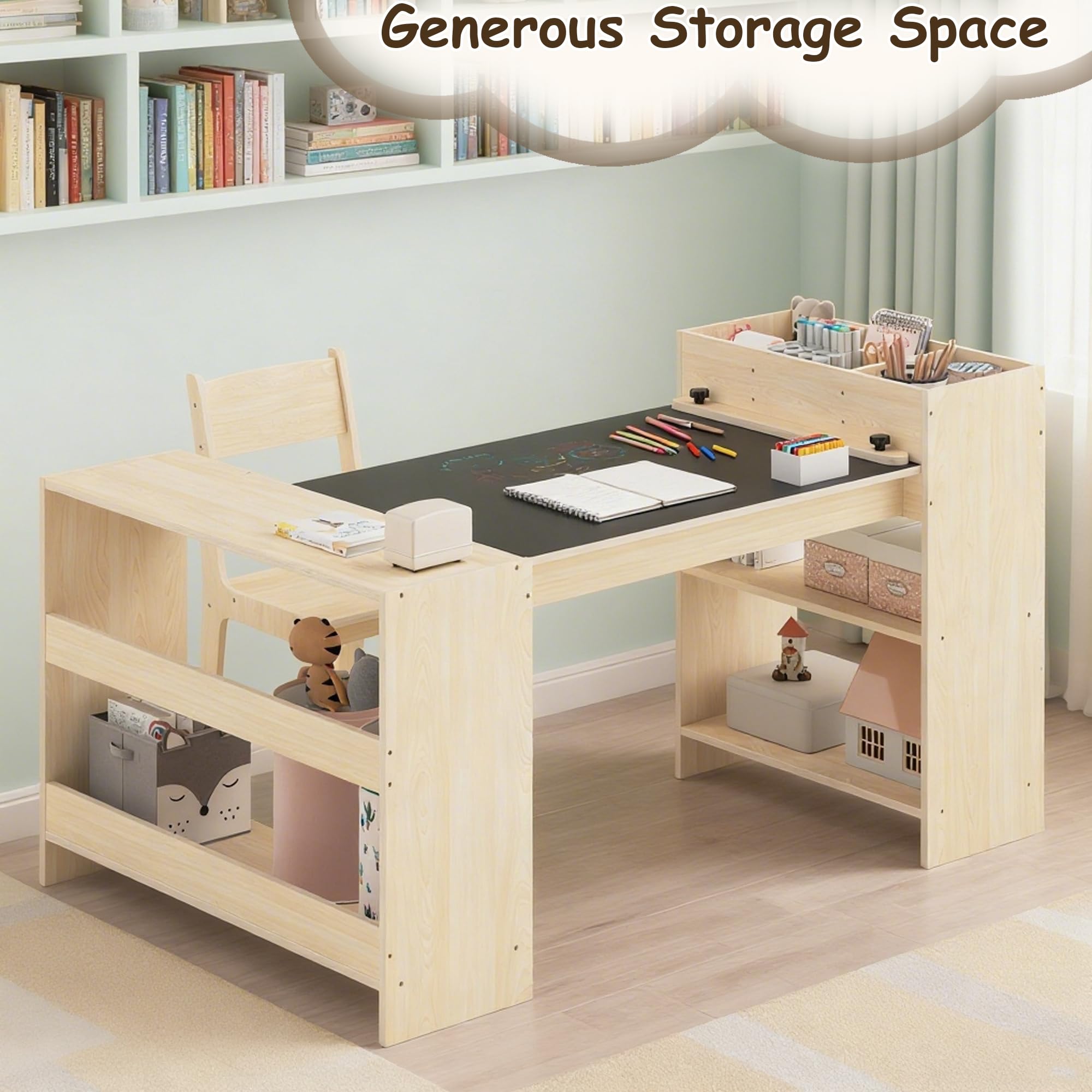Juego de mesa de arte para niños y 1 silla, mesa de manualidades para niños con rollo de papel y almacenamiento, juego de madera ajustable en altura para niños pequeños, escritorio de 5