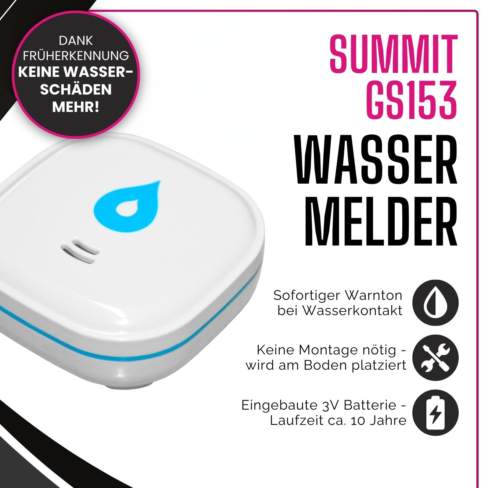 3er Set GS153 Wassermelder mit Batterie 60x60x24,2 mm | Wassersensor mit 85dB Alarm | Wasseralarm Melder für Keller, Küche & Bad | batteriebetrieben, bis zu 10 Jahre Laufzeit