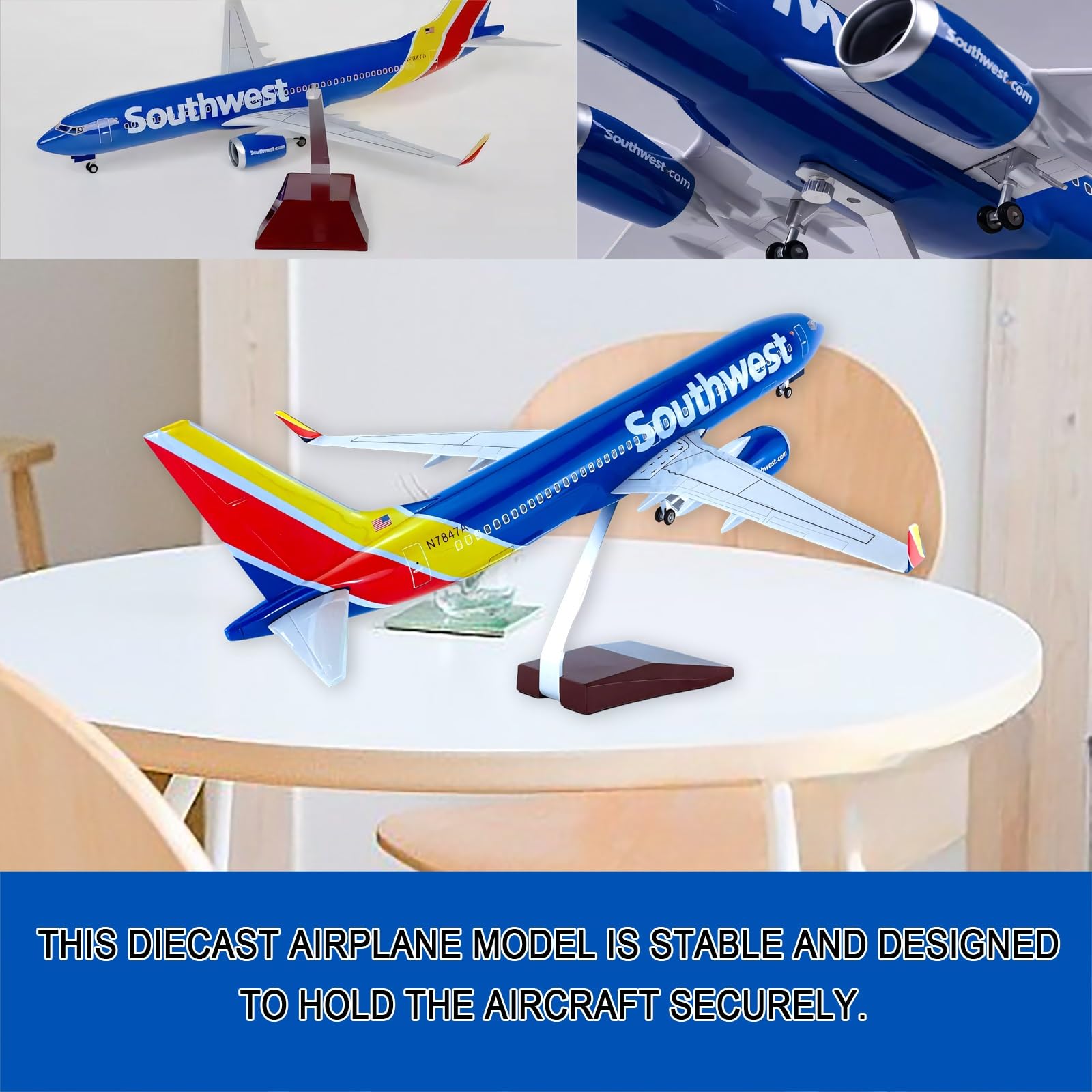 Modello simulazione lega solida Southwest Airlines B737 47 cm con carrello atterraggio retrattile, ruote girevoli luci, pezzo collezione for appassionati aviazione(No light)
