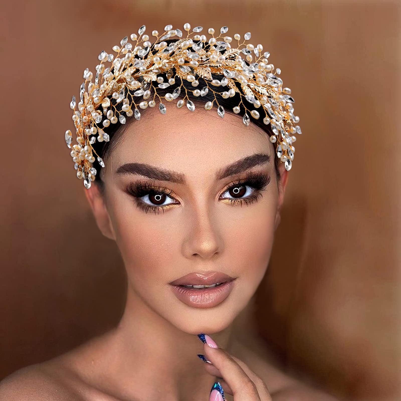ZHENM Cerchietto Da Sposa Con Strass - Oro - Accessorio Per Capelli Da Matrimonio - 36x14 Cm
