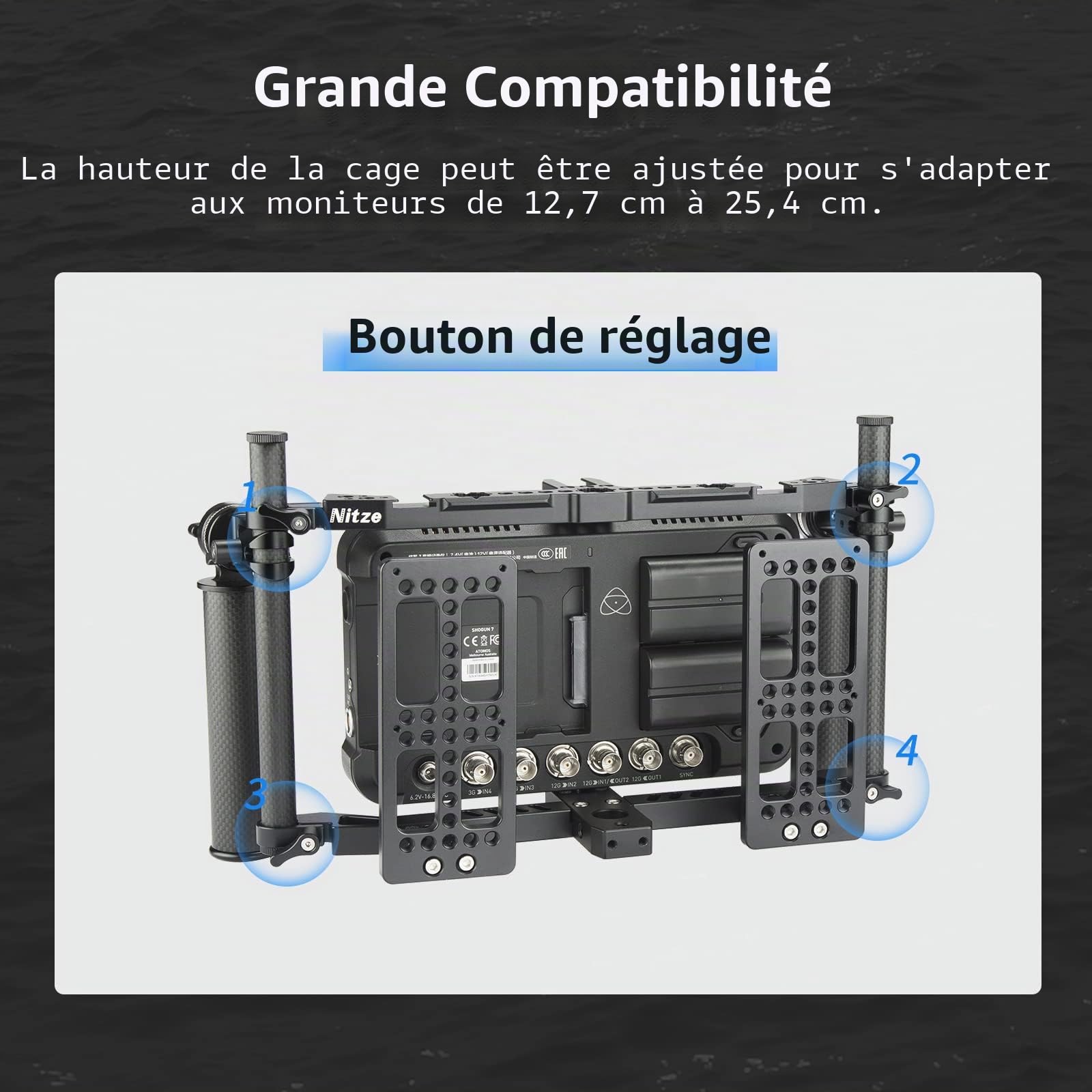 Nitze Director's Monitor Cage avec Poignées et Tiges en Fibre de Carbone, Director Cage de Moniteur pour Tout Moniteur Jusqu'à 10" - JSQ-003