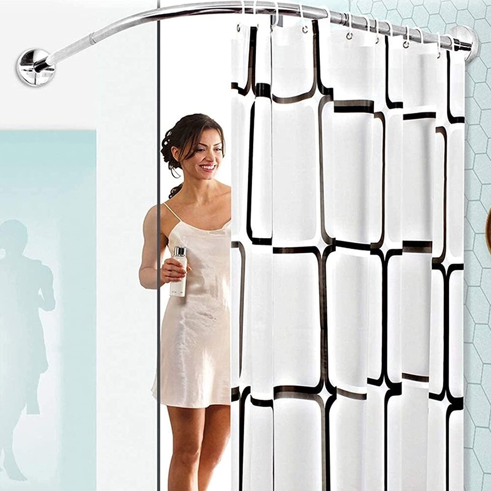 EEUK Douchestang telescopische hoek, zonder boren, telescoop van roestvrij staal, voor omkleedcabinestang, omkleden, wandmontage, zilverkleurig, zonder douchegordijn