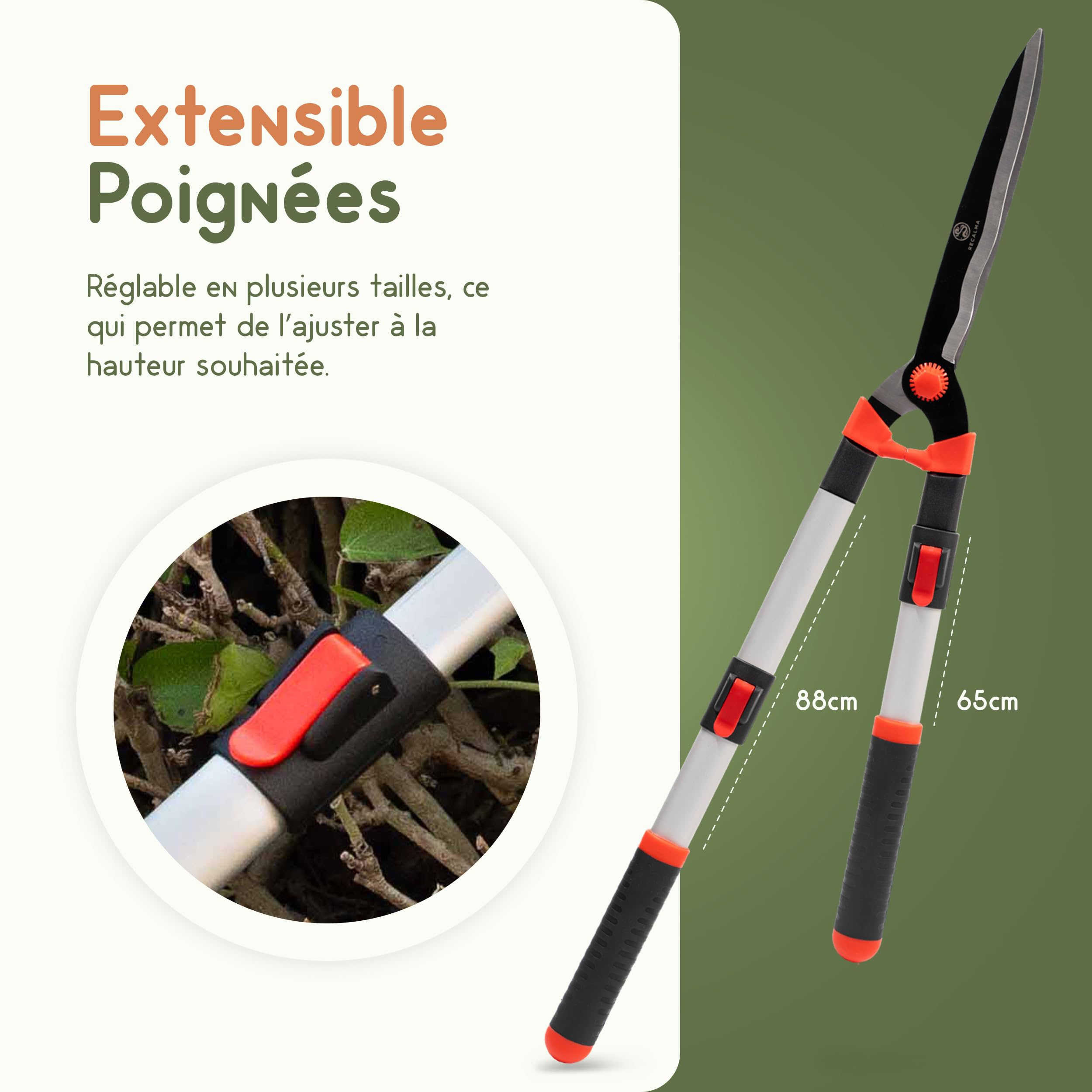 Taille-haie télescopique 65-85 cm – Sécateur de jardin de qualité supérieure avec lames en acier, sécateur combiné et cisaille à arbustes, manuel, rouge/noir