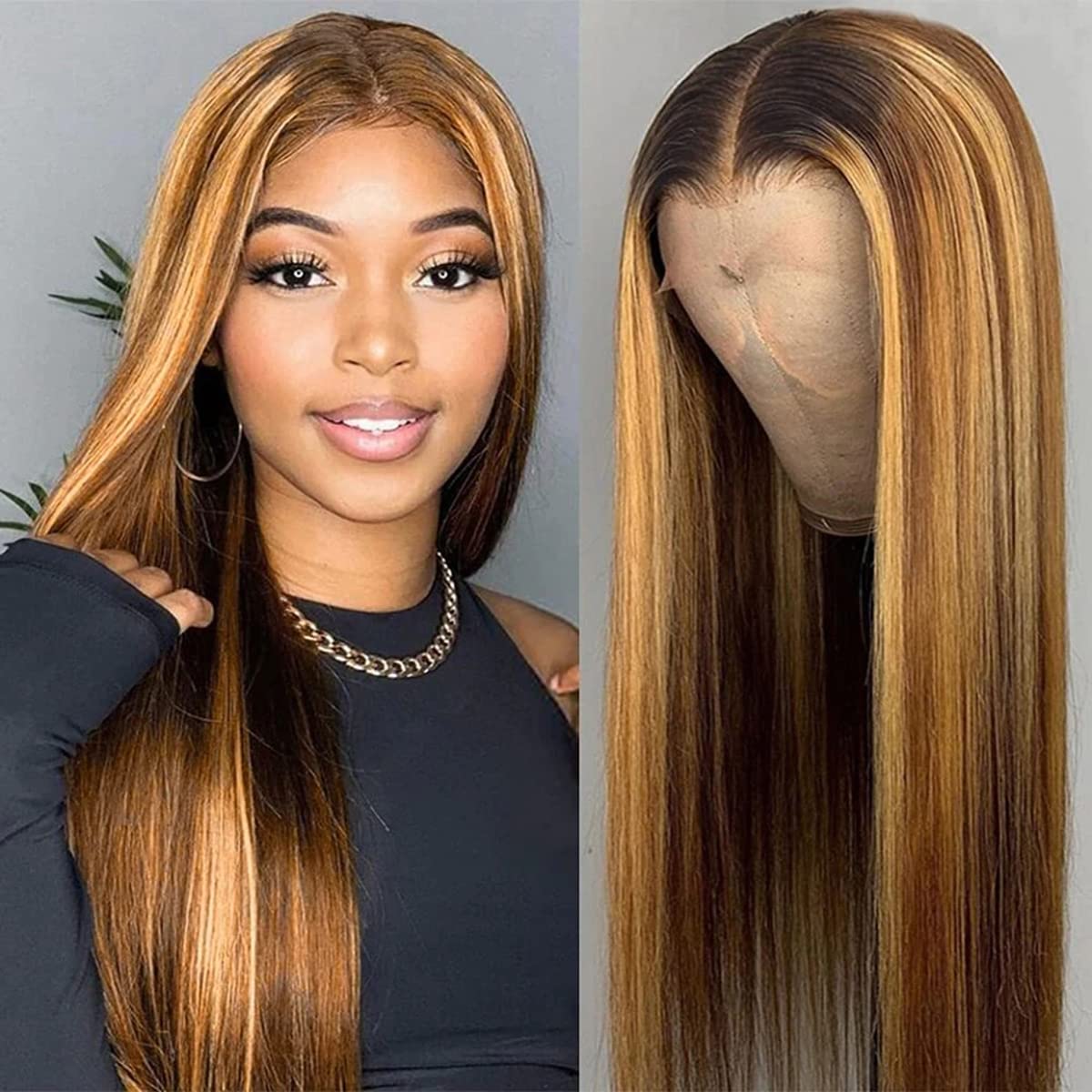 Highlight 4x4 Lace Closure Wig Human Hair Lace Front 4/27 Brown mix Honey Blonde Ombre Human Hair Wigs 18 Inch Glueless Pre Plucked with Natural Hairline