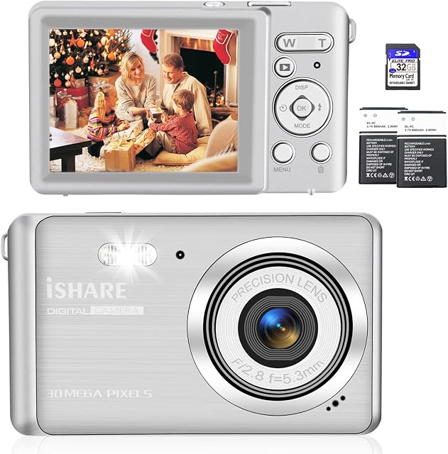 Digital Camera,30MP 18X Digital Zoom Vlogging Camera for YouTube with 32G Memory Card,Digital Cameras for Photography with 2 Batteries,Rechargeable Cameras for Kids/Adult/Elderly/Beginners Silver