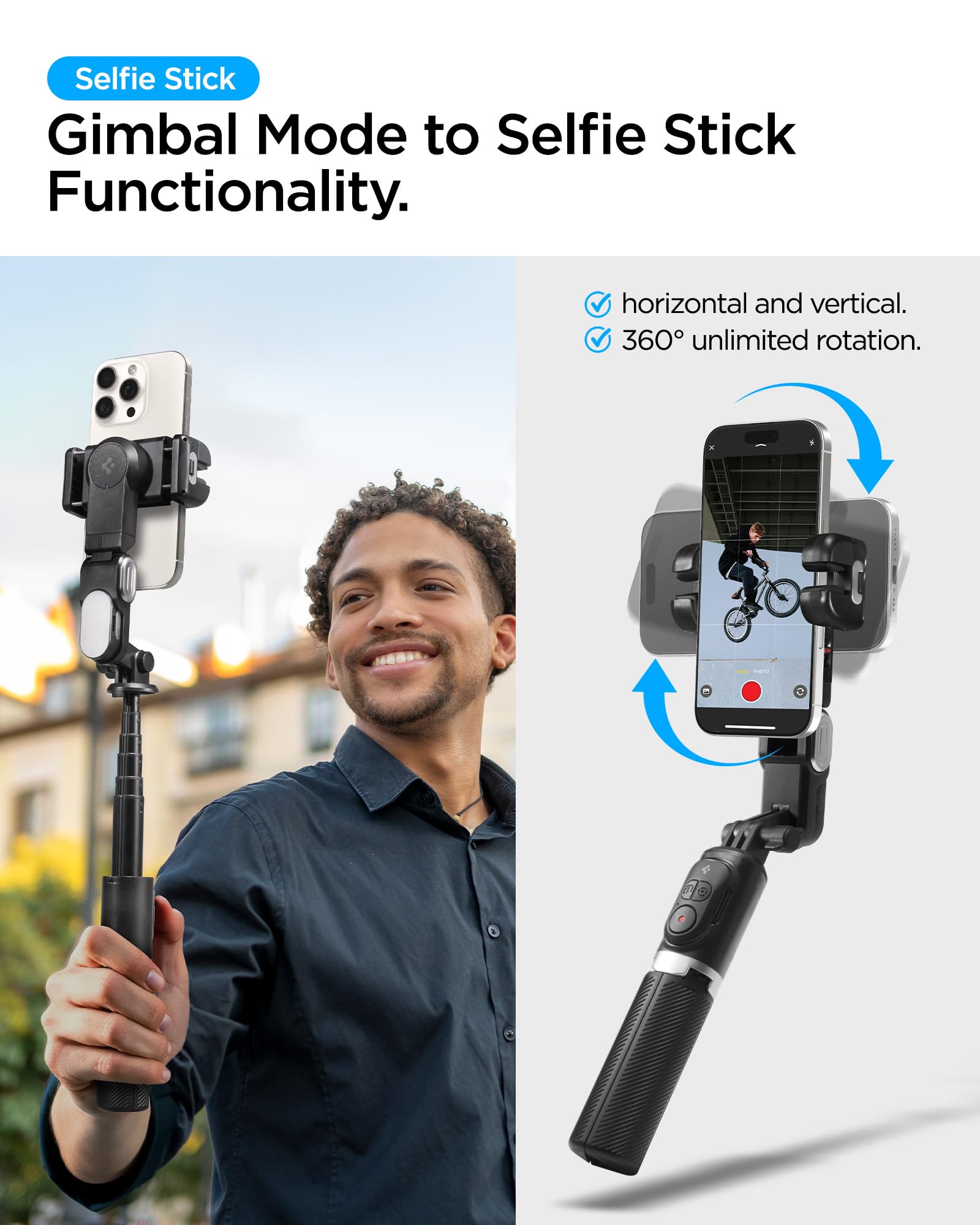 Spigen S620W Stabilizzatore Gimbal per Smartphone con Treppiede a Riconoscimento Facciale, Supporto per Selfie Rotabile Verticale e Orizzontale, Include Luce LED e Telecomando Bluetooth - Nero