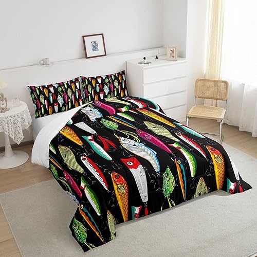 Miniatura 4 de Erosebridal Juego de edredón de peces coloridos, ropa de cama de tamaño individual, diseño de anzuelo de peces con temática de pesca, edredón de