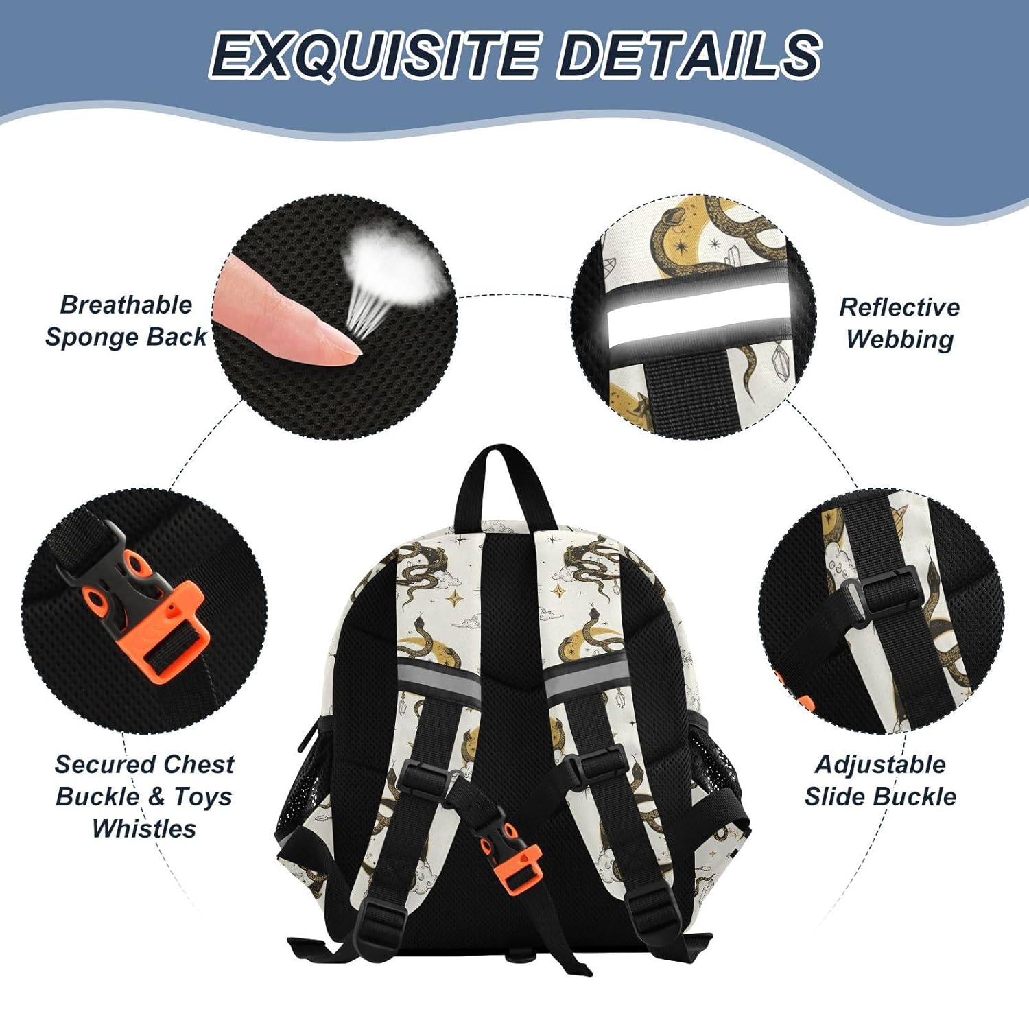 Snakes Moons Beige Pattern Toddler Harness Backpack for Boys Girls 3-6 Years Kids Backpack with Anti Lost Safety Leash Child Leash Backpack for Travel Walking Preschool