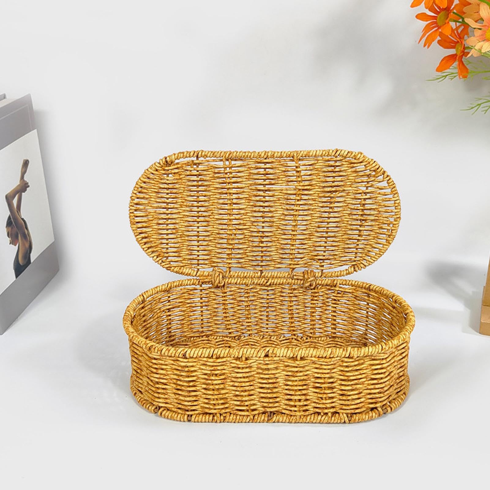 Cesta de almacenamiento de mimbre con tapa, organizador decorativo tejido a mano, diseño a prueba de polvo y ahorro de espacio para baño, dormitorio o cocina, 28 x 14 x 9 cm, cestas ovaladas estrechas