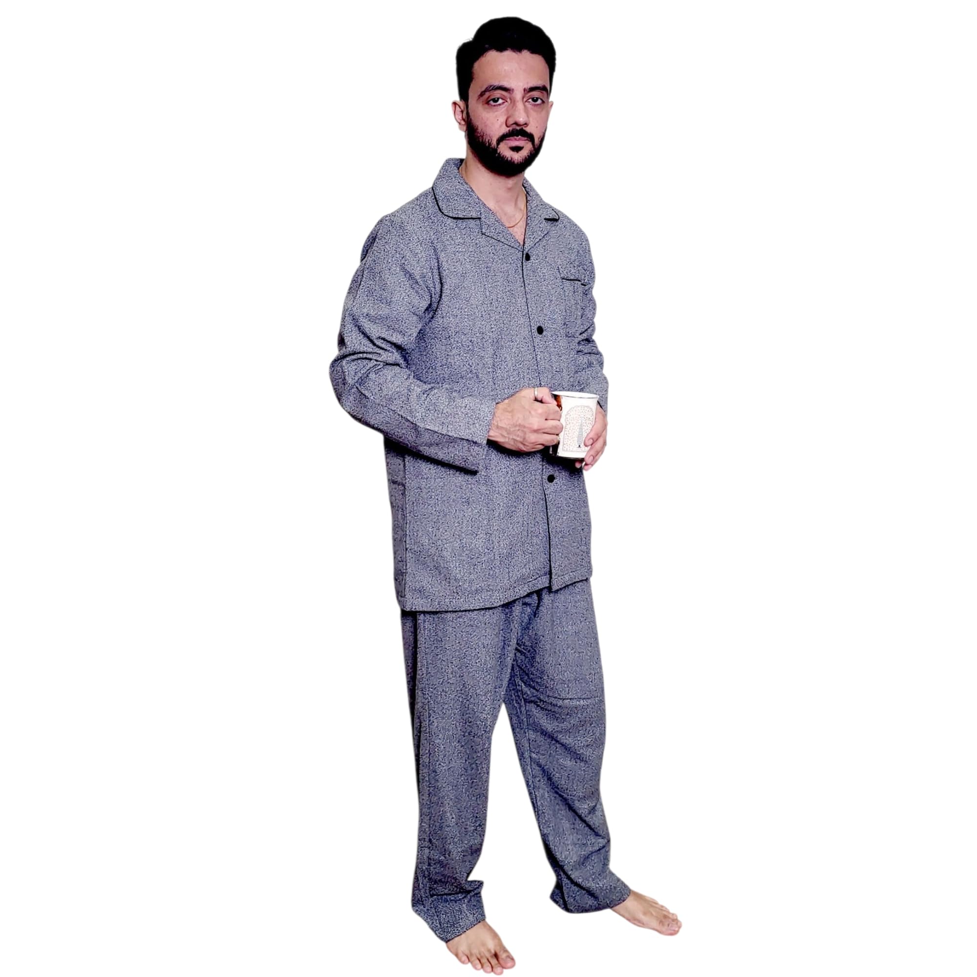 freesia array Premium Cotton Flannel Nightsuit for Men, Grey, Lapel Collar Design with Chest and Side Pocket, Comfortable Sleepwear-picture-10