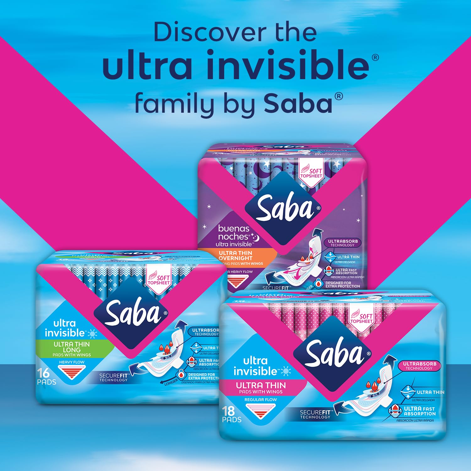 Saba Almohadillas largas ultra invisibles ultrafinas con alas, almohadillas discretas y transpirables para mujer, ajuste perfecto para todo tipo de cuerpo y estilos de ropa interior, 96 unidades (6
