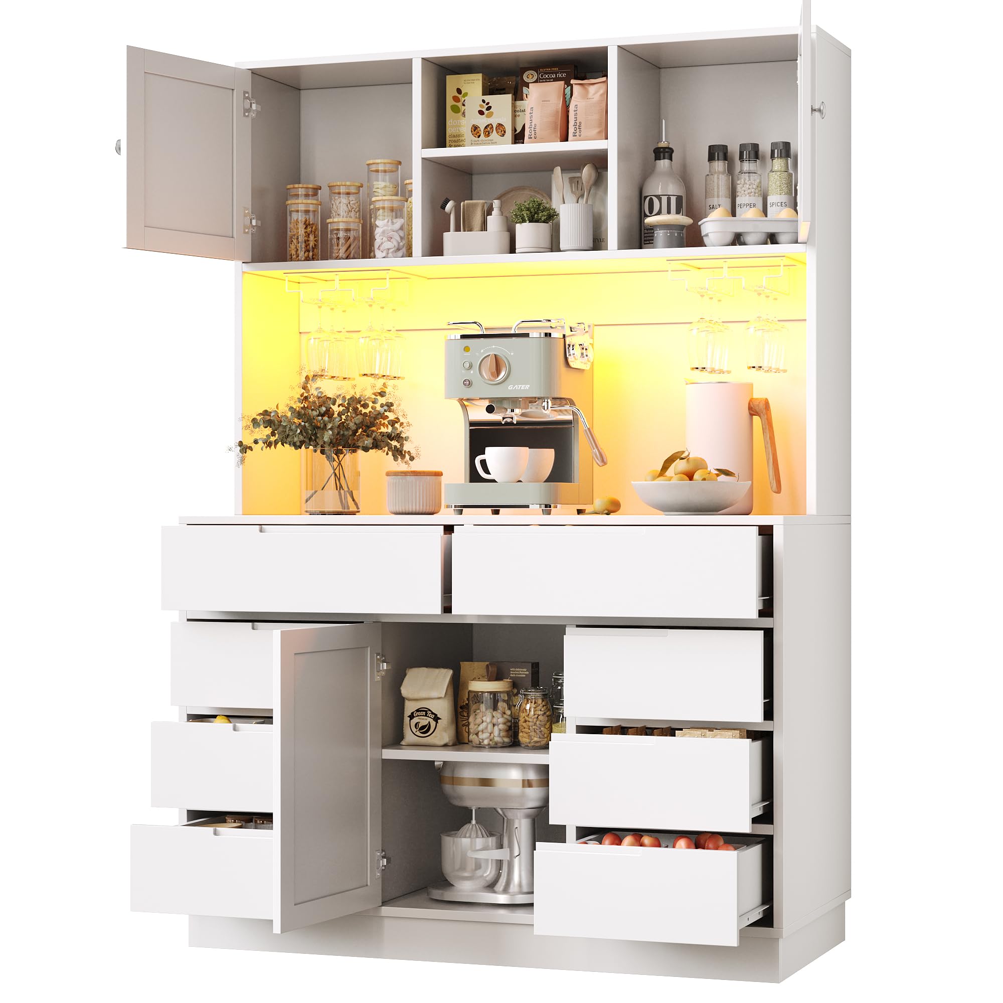 Mobile alto moderno, bianco, 120 × 40 × 183,5 cm, armadio da cucina, armadi alti per soggiorno, 8 cassetti, chiusura magnetica, ripiani regolabili in altezza