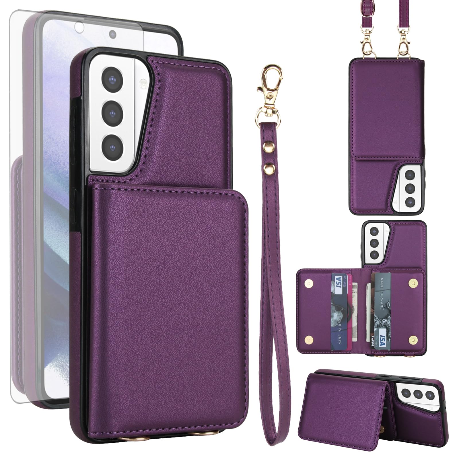 Phone Case for Samsung Galaxy S21 Plus S21+ 5G Wallet Cell Cover with Tempered Glass Screen Protector Wrist Crossbody Strap RFID Blocking Card Holder
