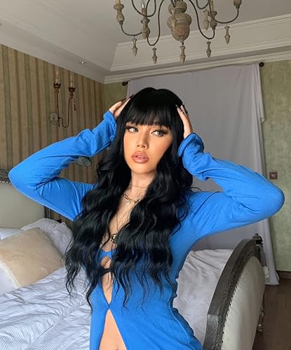 Miniatura 5 de Ebingoo Peluca negra de 30 pulgadas de largo con flequillo para mujeres y niñas + 1 gorra de peluca, peluca larga rizada negra, pelucas sintéticas