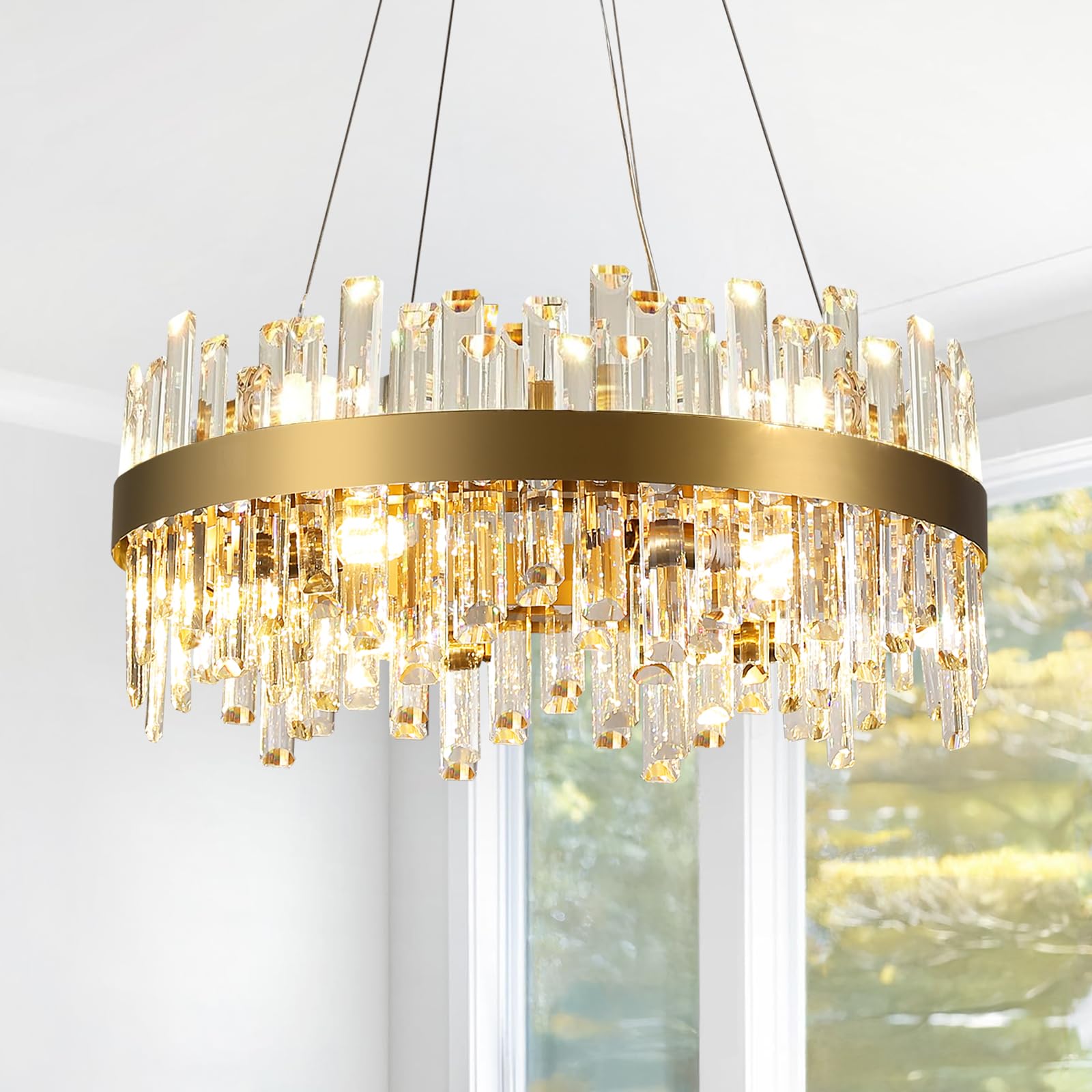 Modern Crystal Chandelier, D23.6 Dining Room Chandelier Over Table, 12-Light Crystal Chandeliers for Dining Room, Gold Dining Room Light Fixture for Kitchen Island, Living Room (Bulbs Included)