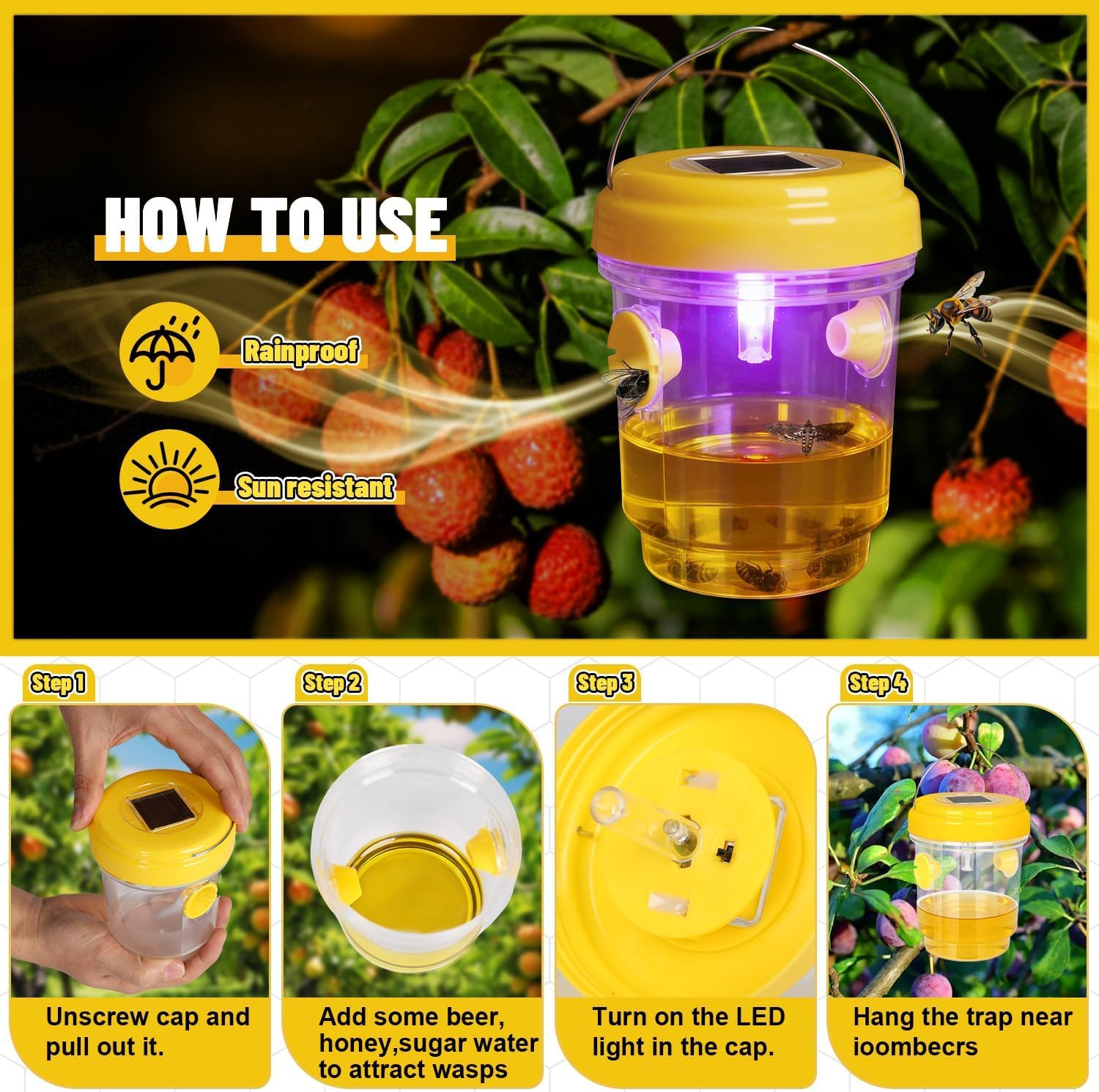 Piège Frelon Asiatique avec Lumière LED,4 Pièges Réutilisables à Double Entrée pour Guêpes et Frelons,Extérieur,Jardin et Balcon,sans Produits Chimiques