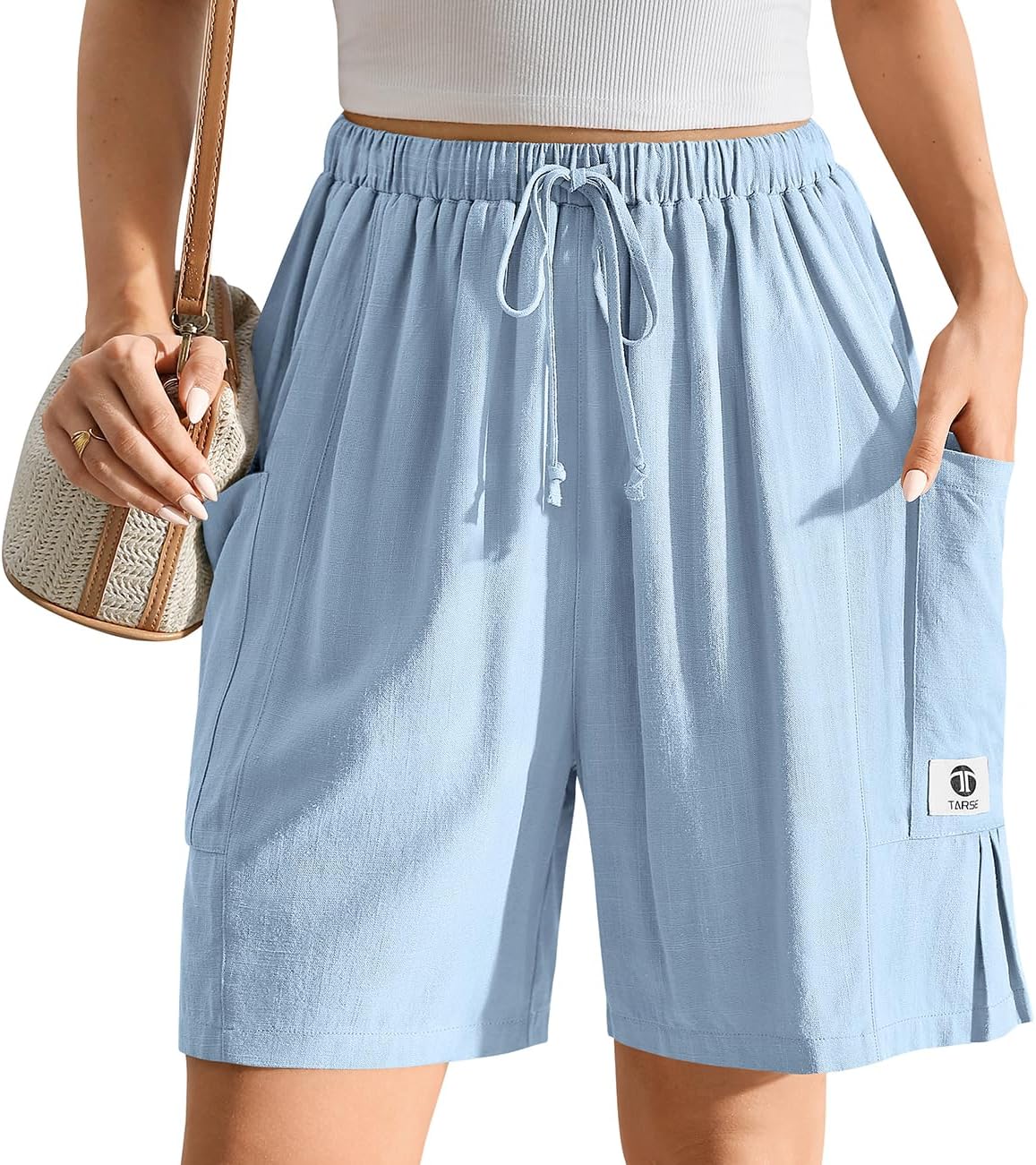 TARSE Women's Linen Bermuda Shorts Casual Wide Leg Drawstring High Waisted Summer Loose Beach Long Shorts with Pockets - Image 5