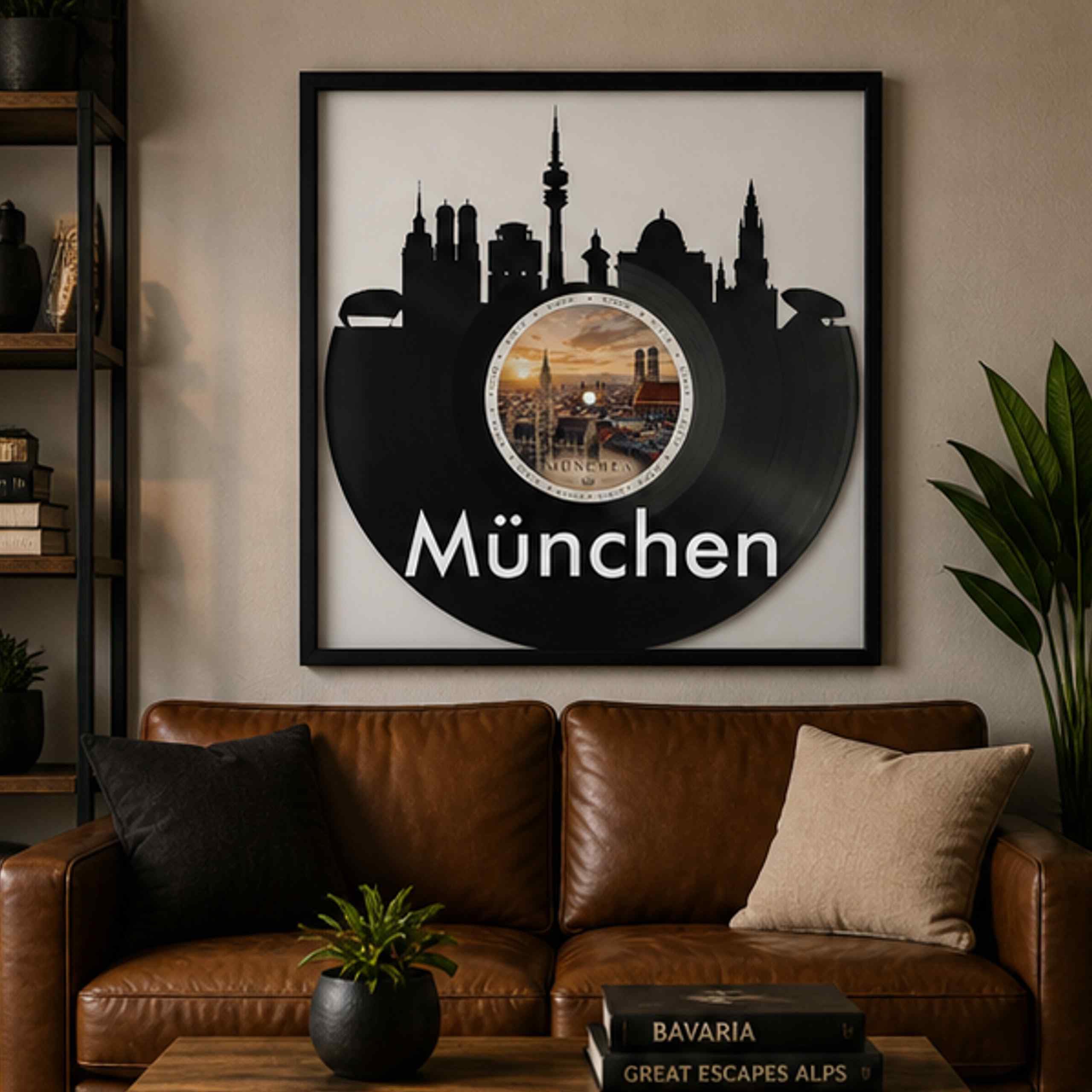 EVEVO Dekoracja ścienna z płyty gramofonowej w ramie 32 x 32 cm Monachium – winylowa sztuka ścienna Bayern prezent dla fanów Monachium i podróżników