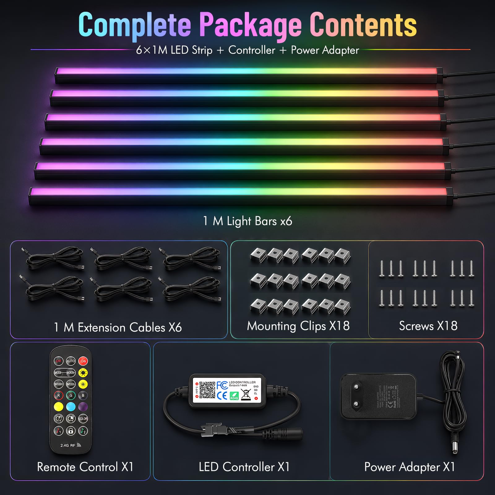 Illuminazione per Pannelli Acustici, Dimmerabile Sezionabile LED Integrati 6 LED Strisce RGB Dream Color 100cm Sincronizzazione Musicale Telecomando Regolazione Colore e Luminosità Controllo App