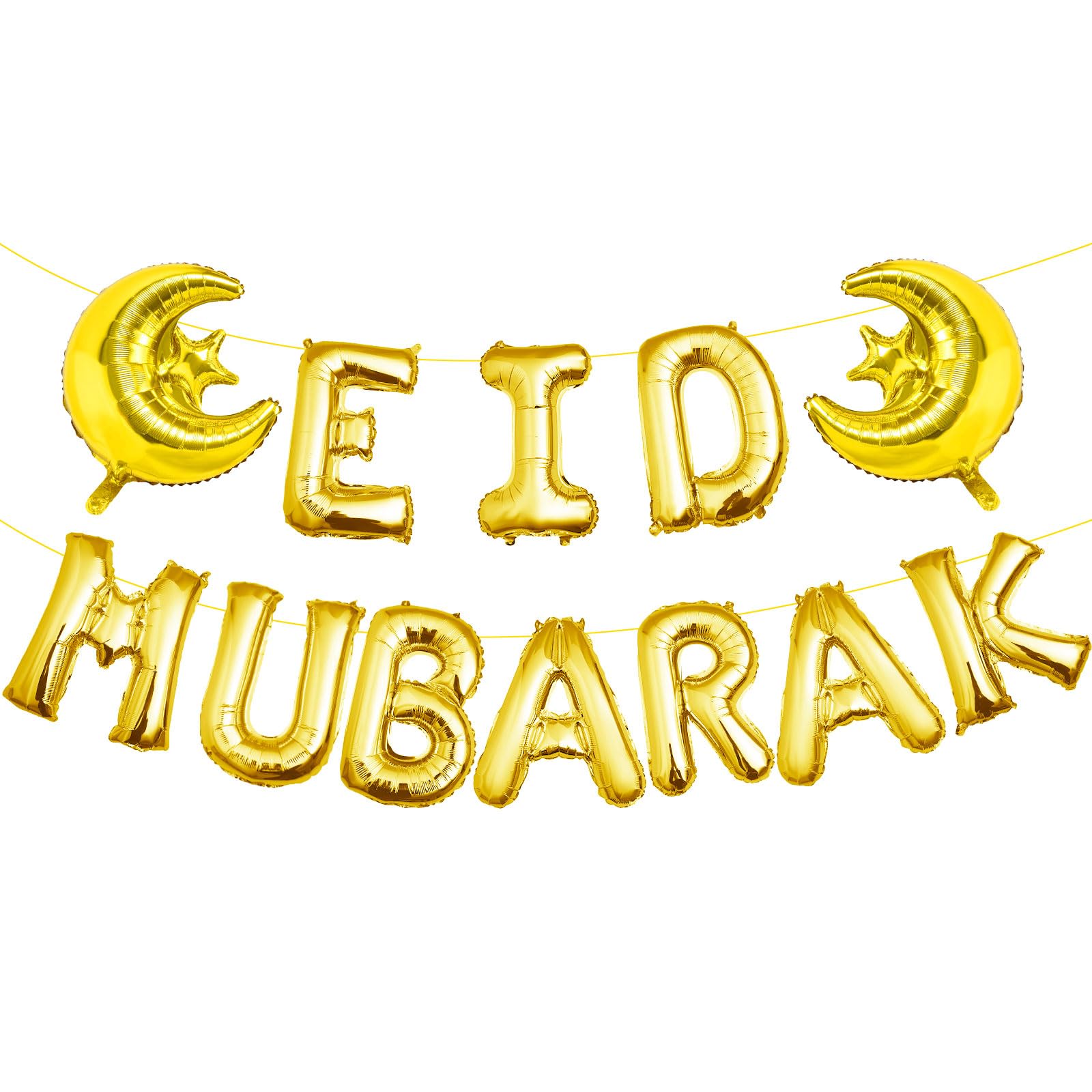 Eid Mubarak Alphabet Balloon - 16" Gold Alphabet Letters Foil Mylar Balloon Blessed Feast Festival Party Banner,Eid Decorative Balloons Banner Set,Glitter Moon Star balloons,Eid Mubarak Party Decorati
