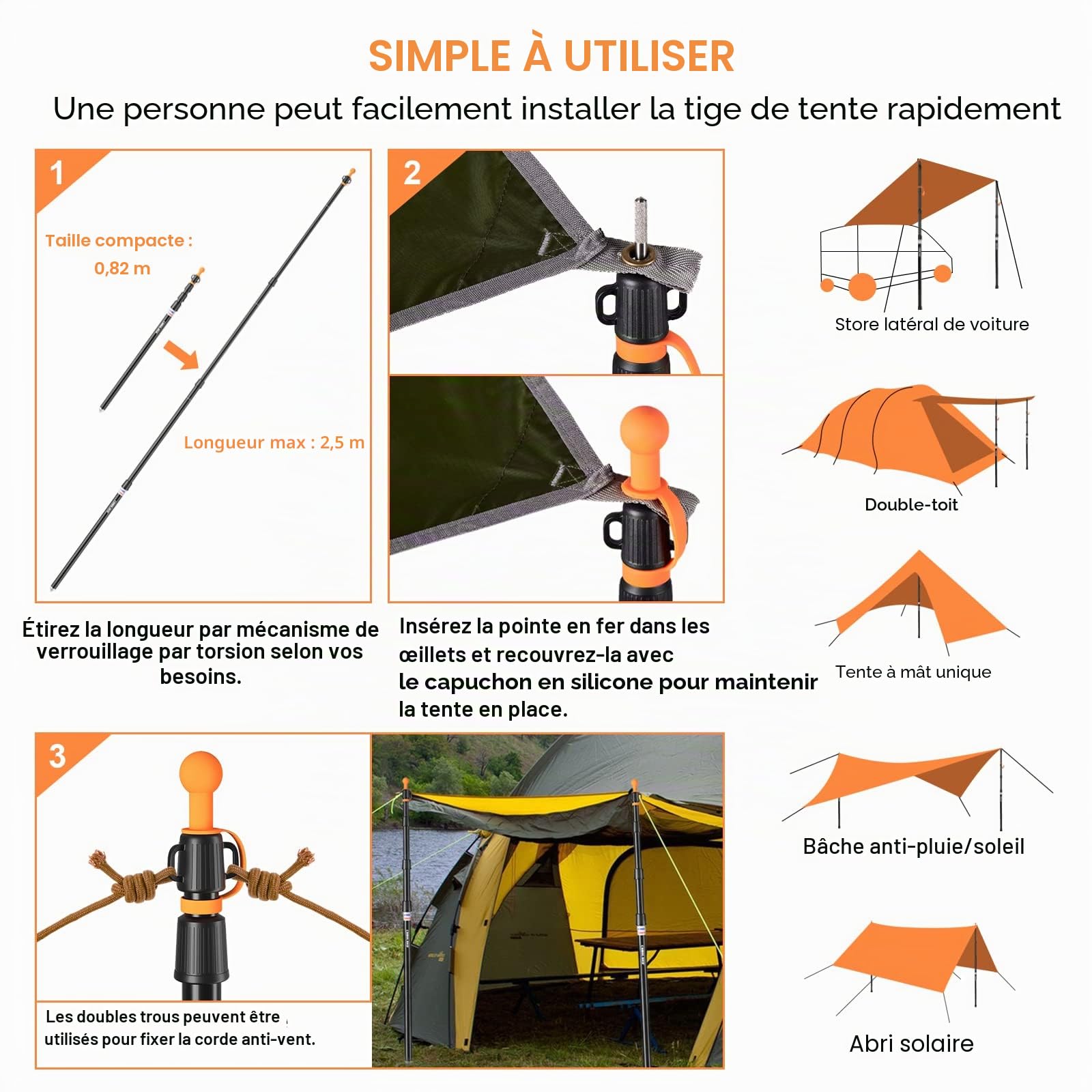 CAMULAND Barres de bâche, Poteaux de Tente Robustes Poteaux de Tente en Aluminium avec Fond Conique antidérapant, Poteaux de Tente télescopiques ajustablespour Camping, randonnée, hamac