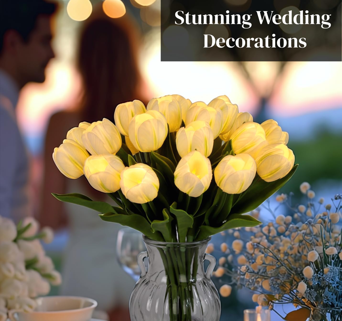 20pcs LED Lighted Artificial Flowers Tulip Lamp Real Touch Tulips Faux Flower Lights for Valentine's Day and Easter Home Kitchen Wedding Dining Table Decor(White) - Image 2