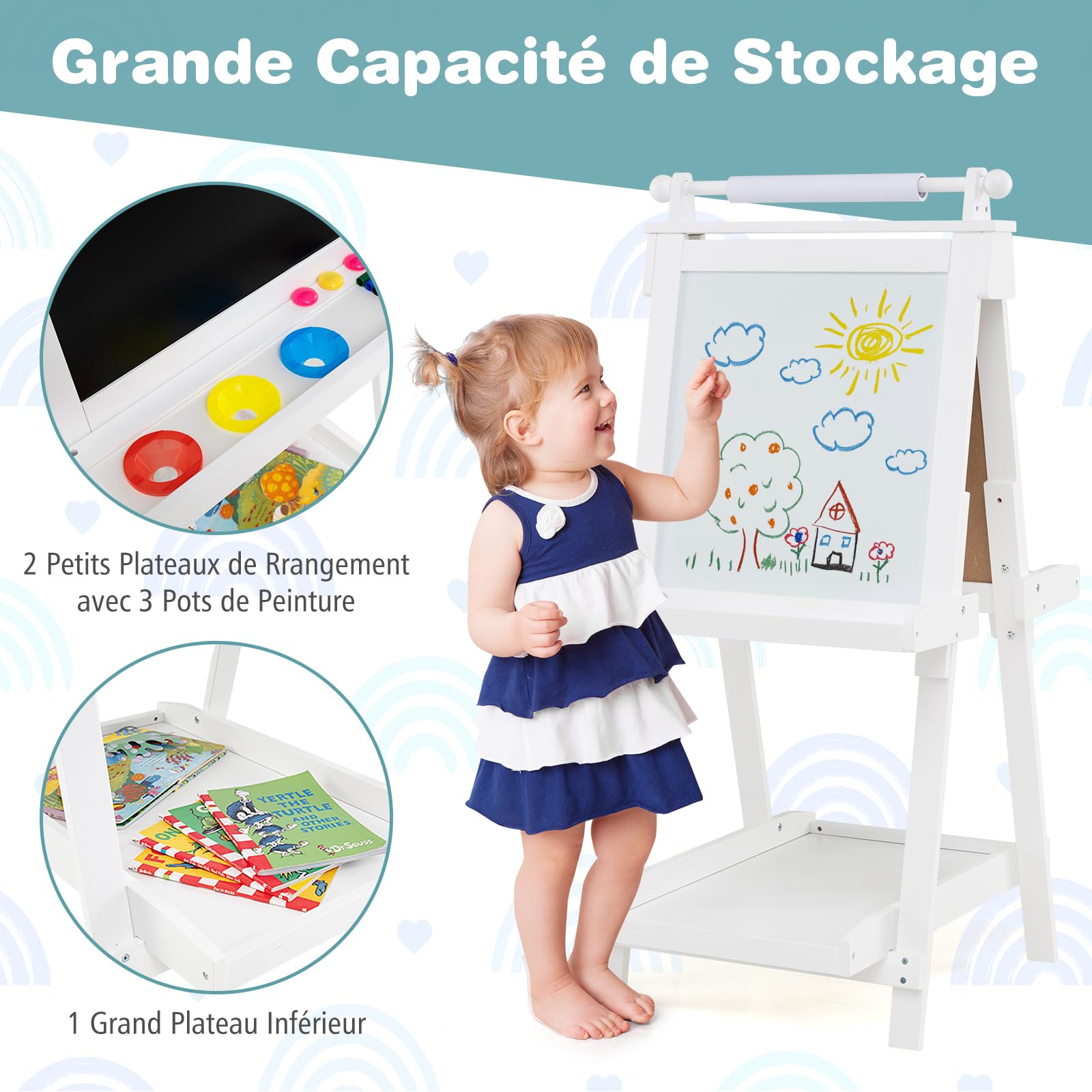 GOPLUS 3 en 1 Tableau Enfant Double Face, Chevalet d'art Enfant Hauteur Réglable, avec Tableau Blanc/Noir Magnétique, Rouleau de Papier, 3 Gobelets à Peinture, 3 Plateaux (Blanc)