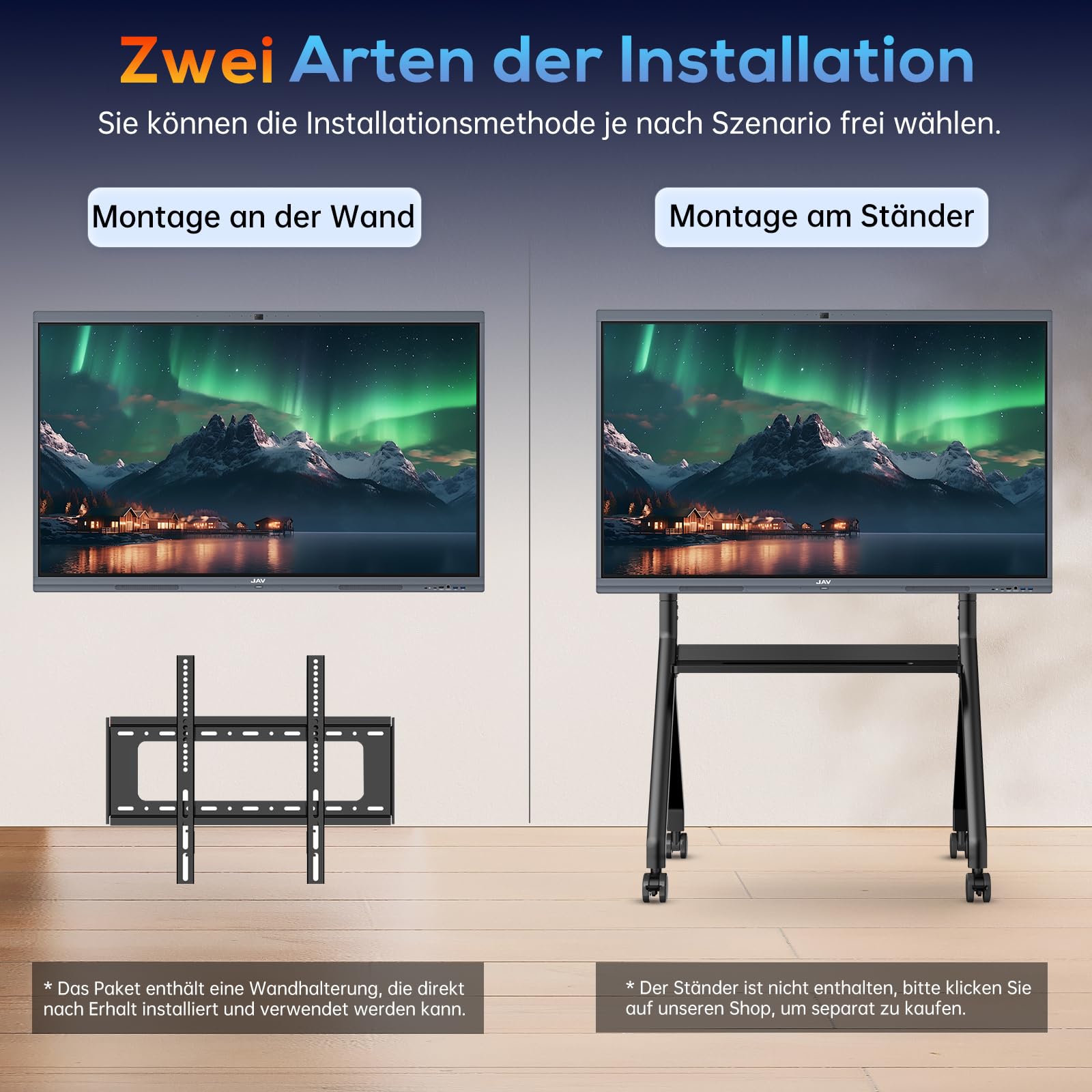 JAV Interaktives Whiteboard 65 Zoll Smart Board Touchscreen 4K UHD Android 14 Google EDLA Zertifiziert Digitale Whiteboard 8+128GB Eingebaute 48MP AI Kamera für Büro Schule (Inklusive Wandhalterung)