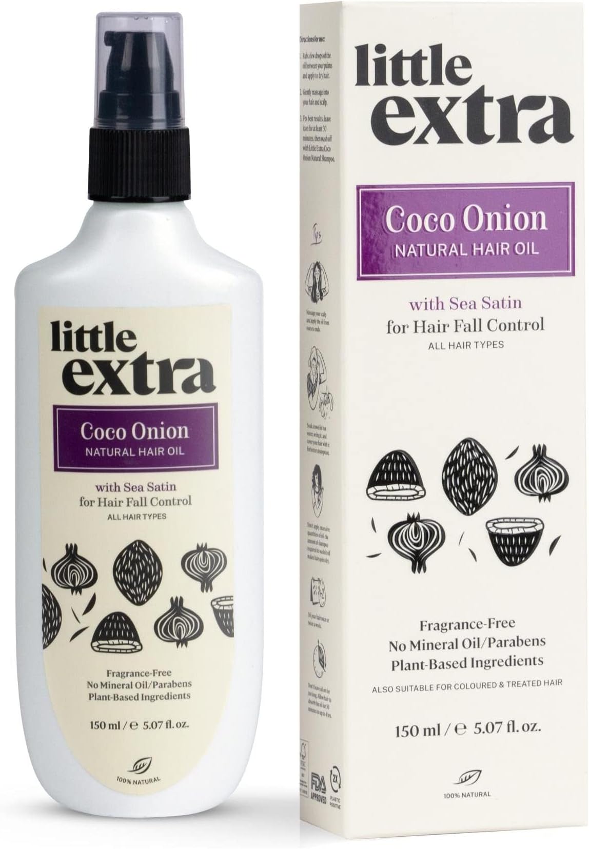 little extra Coco Onion Natural Hair Oil For Hair Fall Control, Growth & Strong Hair, Vegan With Coconut & Onion Oil, No Mineral Oil & Paraben, 150 Ml, Pack of 1