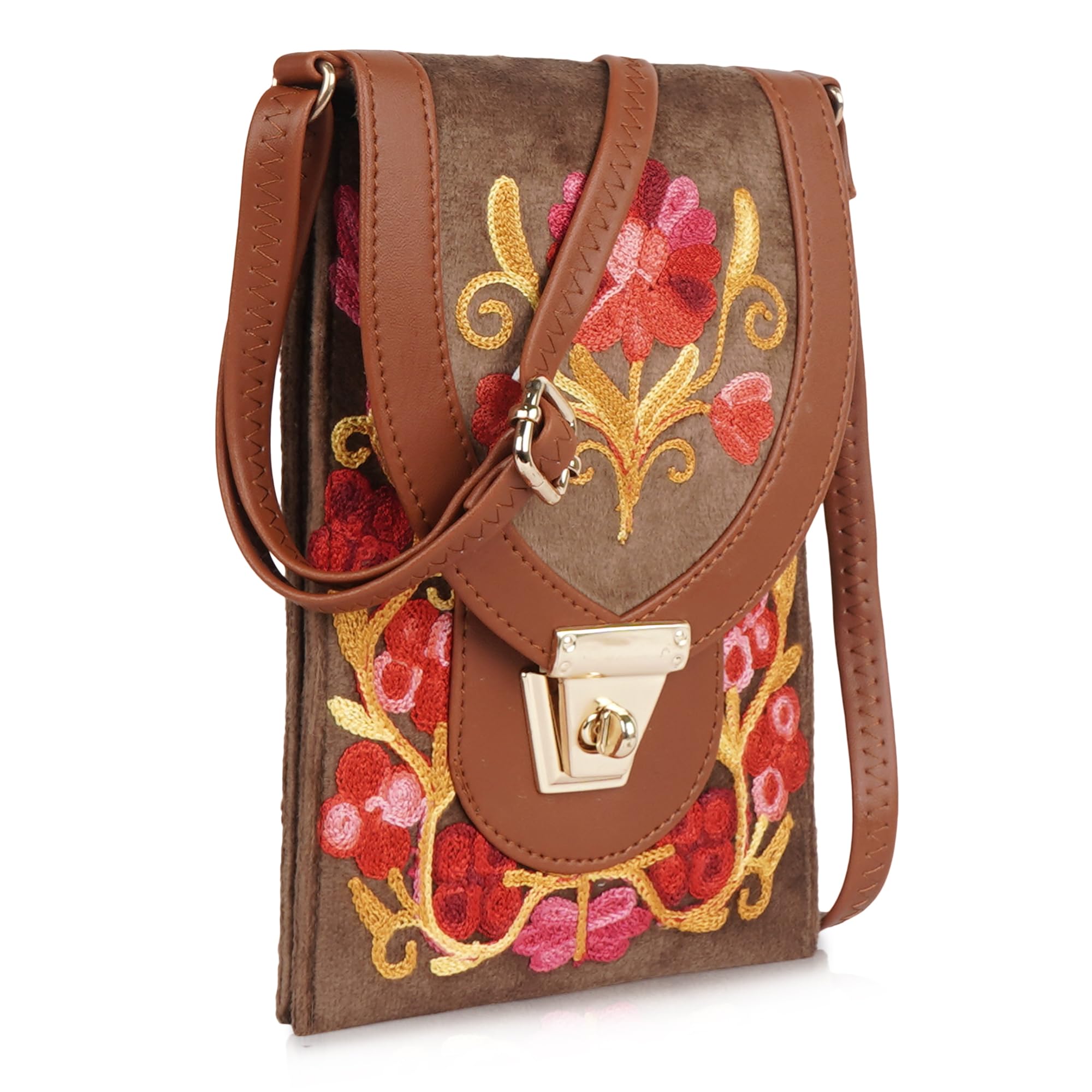 eveda Embroidered Crossbody Bag, Mobile holder Black with Red Floral Design, Multi-Layer Travel Purse with Gold Lock-picture-44