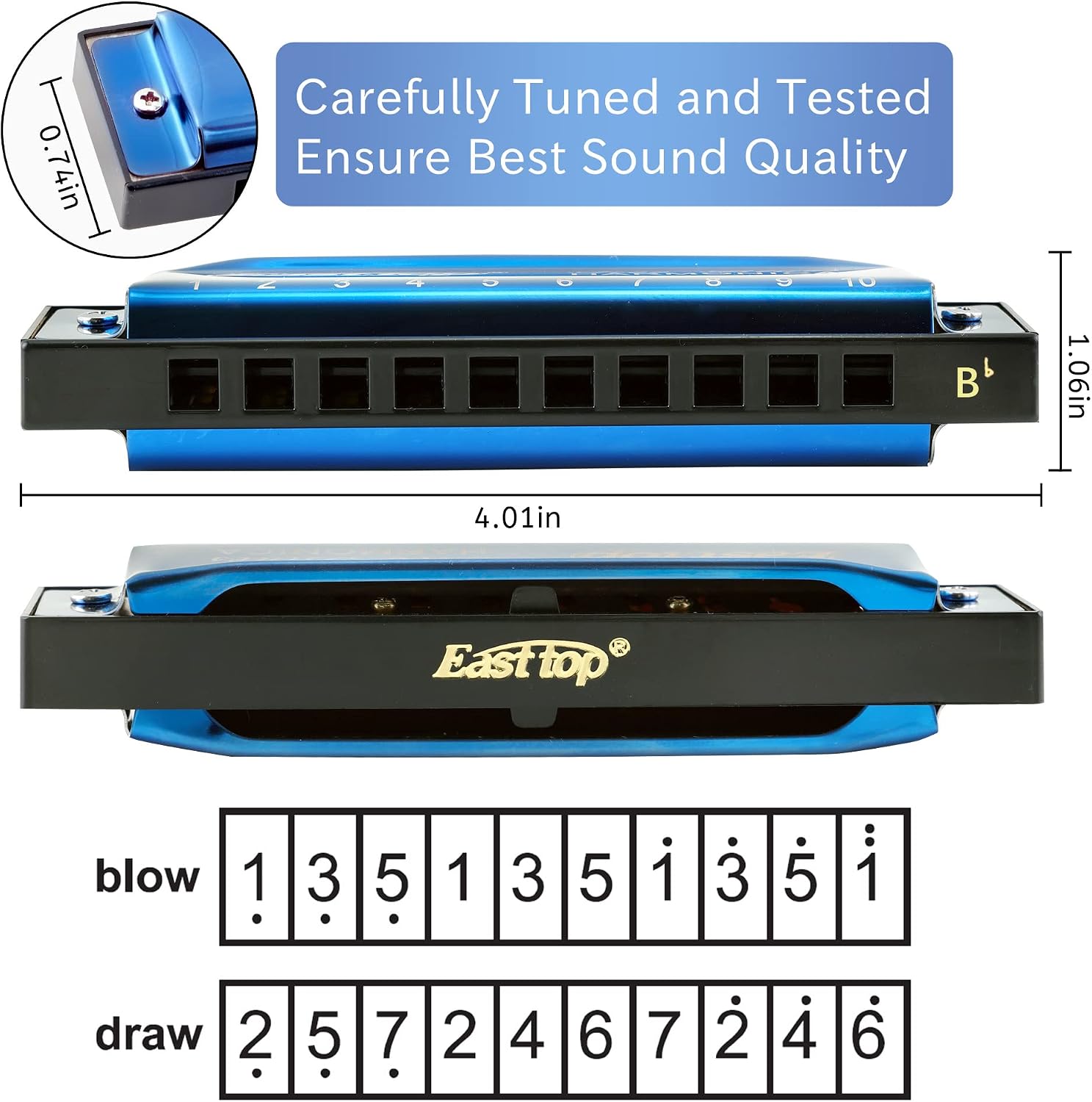 East Top Blues Harmonica Diatoniczna Klucz Bb 10 otworów 20 odcieni Harmonijka dla dorosłych, początkujących, profesjonalistów i studentów (niebieska)