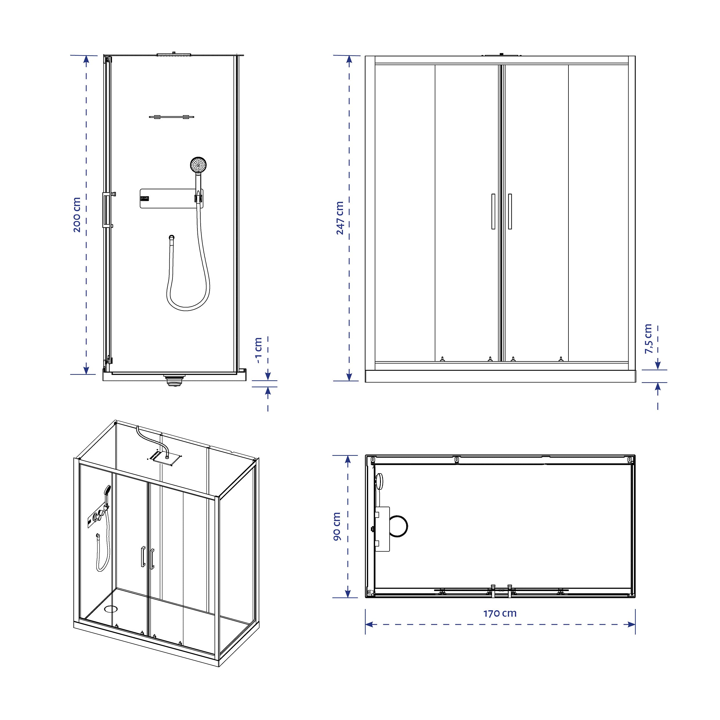 MARWELL Kompletny prysznic gotowy White Studio 170 x 90 x 210 cm – prysznic narożny z wejściem z przodu – kabina prysznicowa z wysokiej jakości profilami aluminiowymi – wysokość wejścia 8 cm