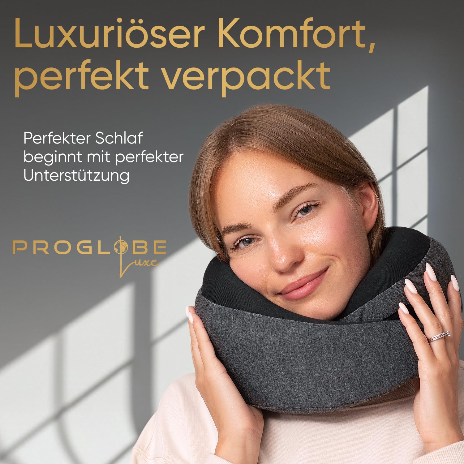 Proglobe Luxe Reisekissen aus Memory-Schaum, Aschschwarz, Weiche Kinnstütze | Kompaktes Nackenkissen mit Kompressionsbeutel, Bezug aus Bio-Baumwolle, leichter Reisekomfort für lange Flüge und Zug