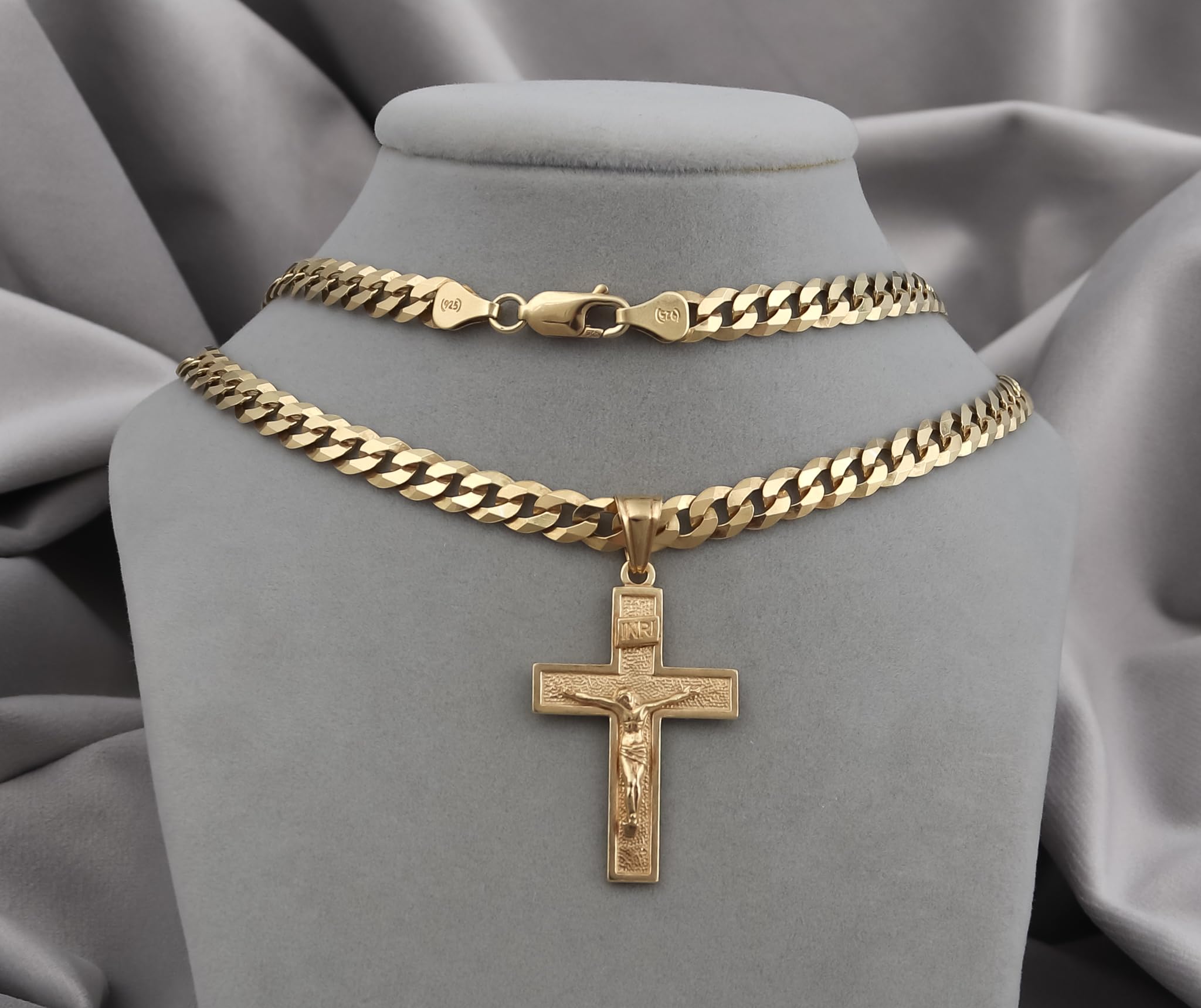 Amor Luxury Collana Oro Uomo a Croce 585, Catena a Croce Massiccia 585 - Collana Uomo Spessa 6,5 mm, 50 cm, Argento Sterling 925