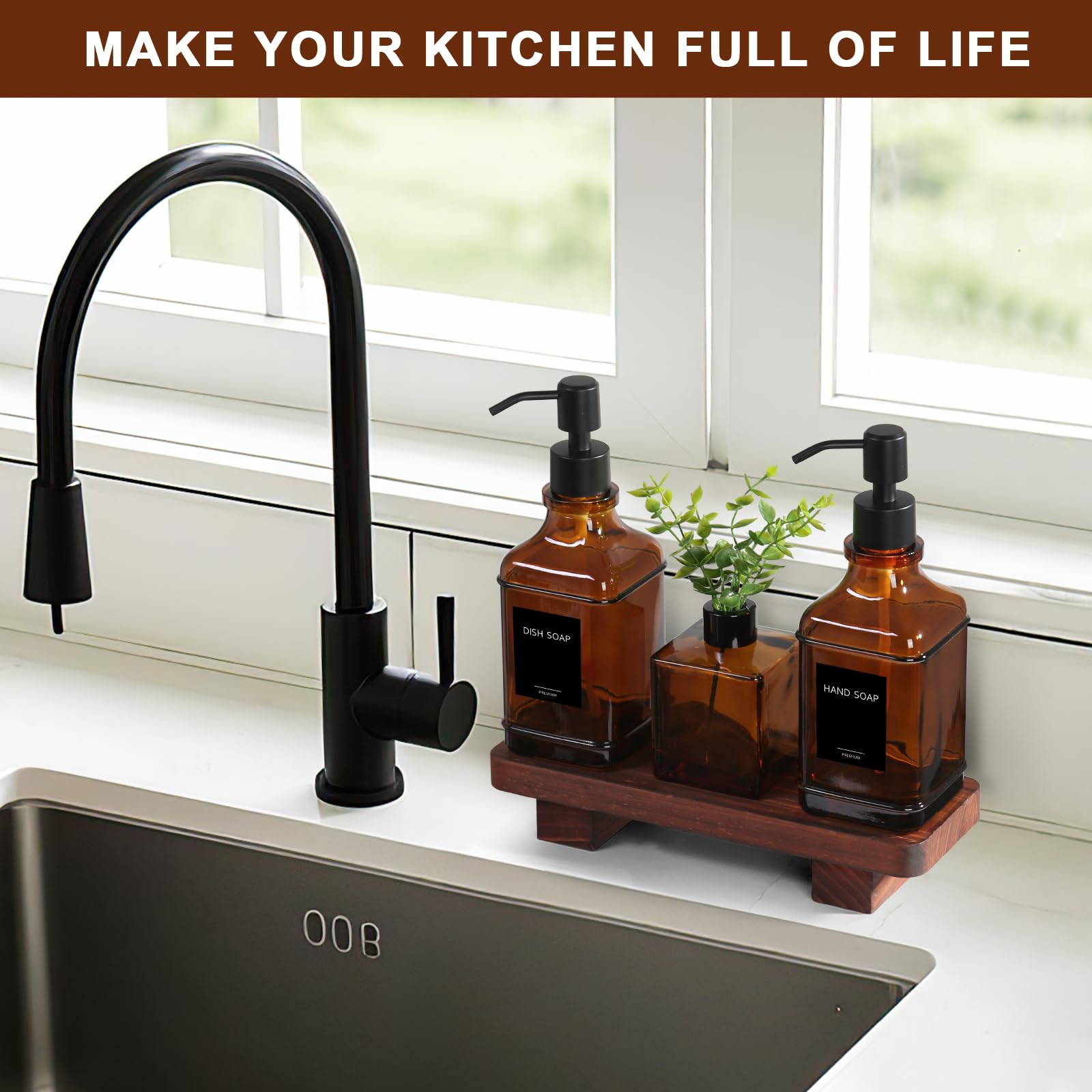 Moderno set di dispenser di sapone da cucina con vassoio in legno, dispenser di sapone in vetro ambrato con pompa, set di dispenser di sapone decorativo per mani e piatti, dispenser di sapone e