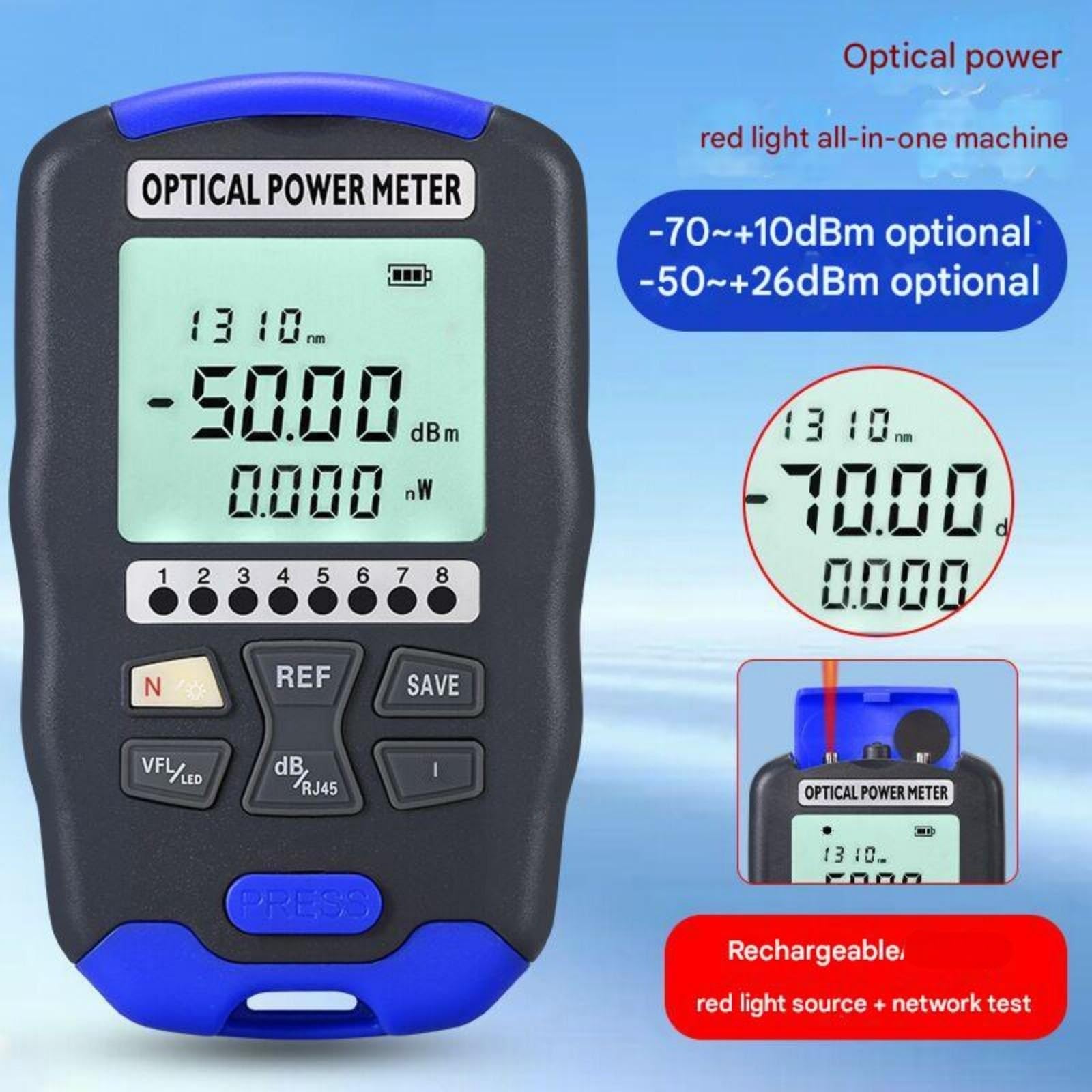Mini medidor de potencia óptica (50 ~ +26 dBm) OPM, localizador visual fallos, 30 MW VFL FTTH, comprobador cable red fibra multifunción para prueba