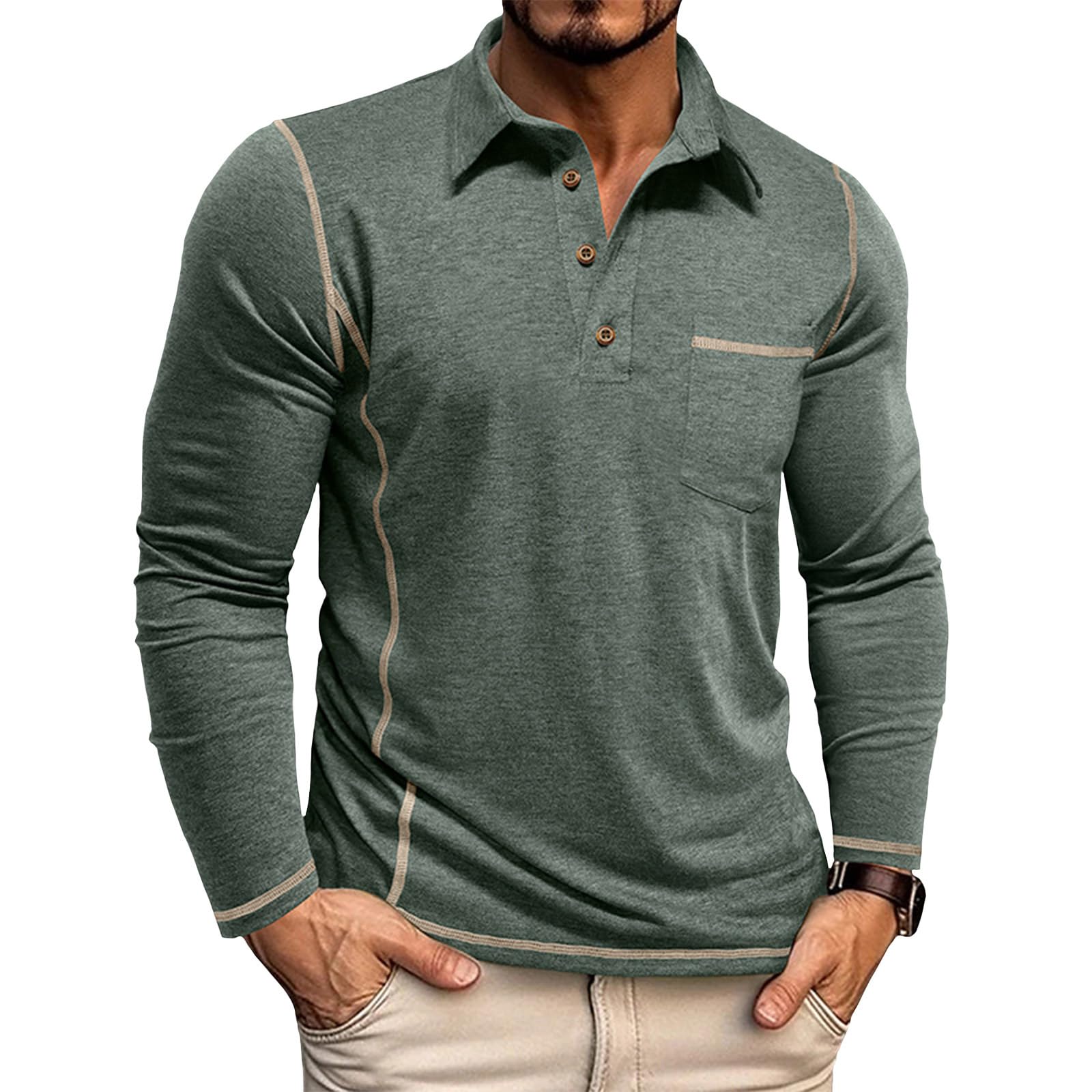 Mens Long Sleeve Polo Shirts Soft Cotton Fashion Button Casual Classic Solid Color Collared Golf Shirts