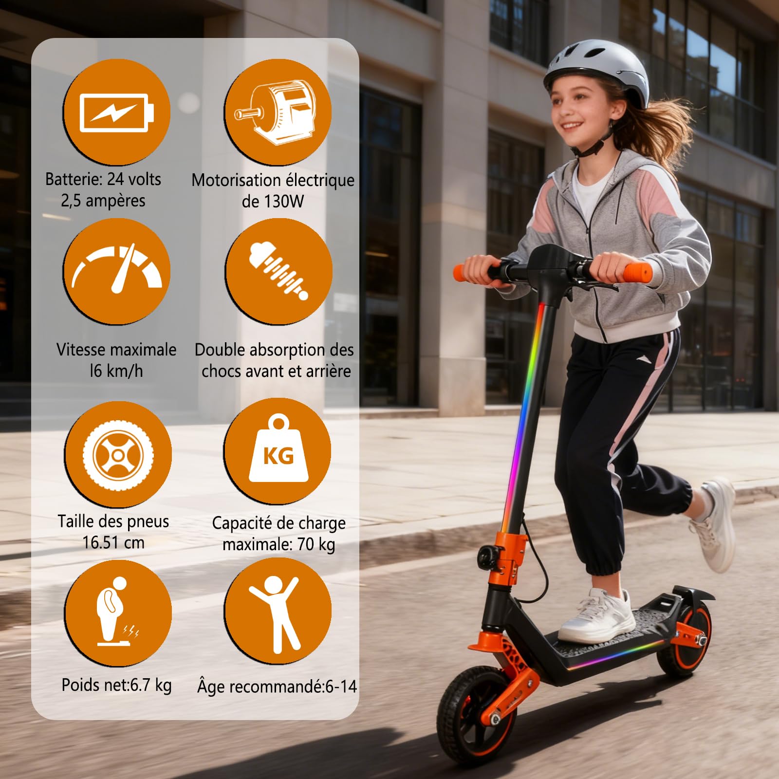 Trottinette Électrique pour Enfants, Scooter électrique Pliable avec Double Suspension Avant/Arrière écran LED et néons, Pneus Pleins 6.5", 3 Vitesses Autonomie 12 km, Charge Max 70 kg