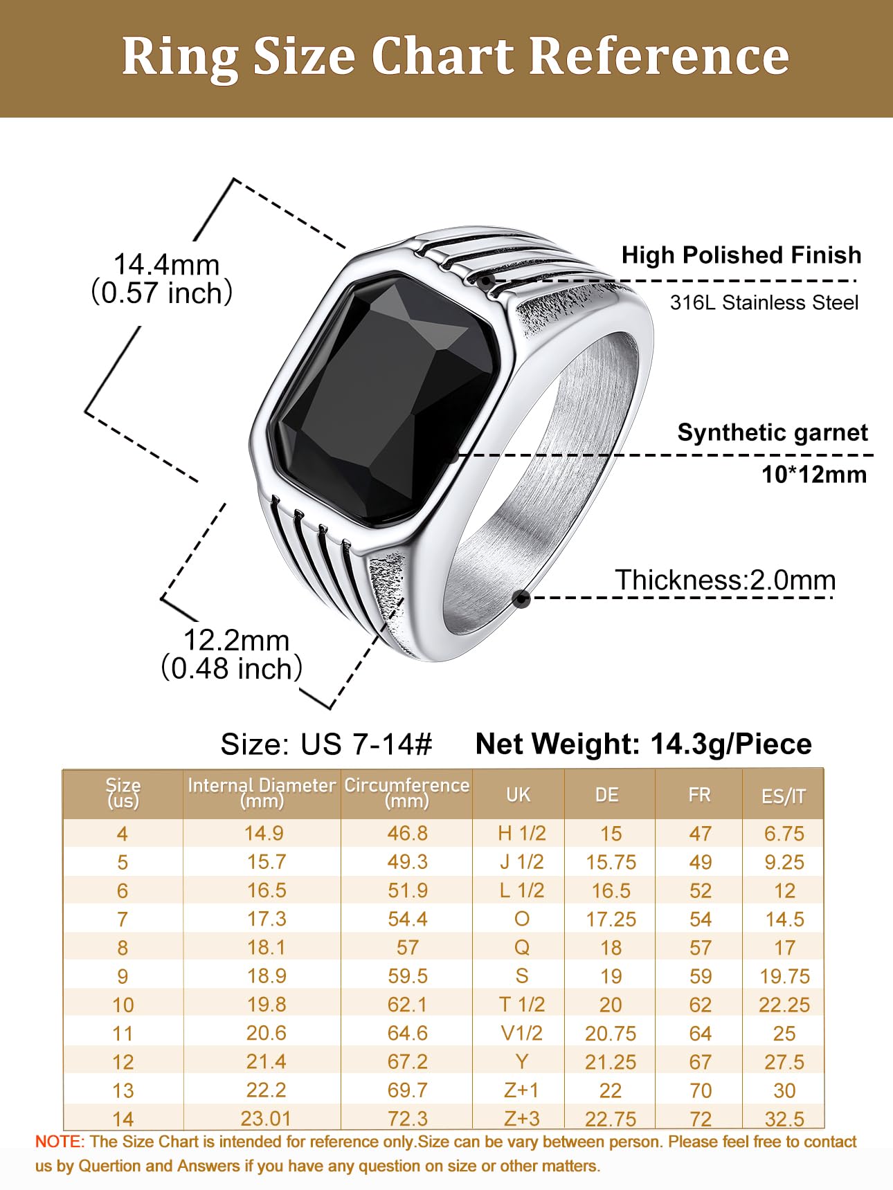 Bestyle Anillos Acero Inoxidable Hombre, Anillo de Sello Grueso para Hombre, Anillo con Piedras Preciosas Sintéticas, Talla 14.5-32.5, con Caja de Regalo