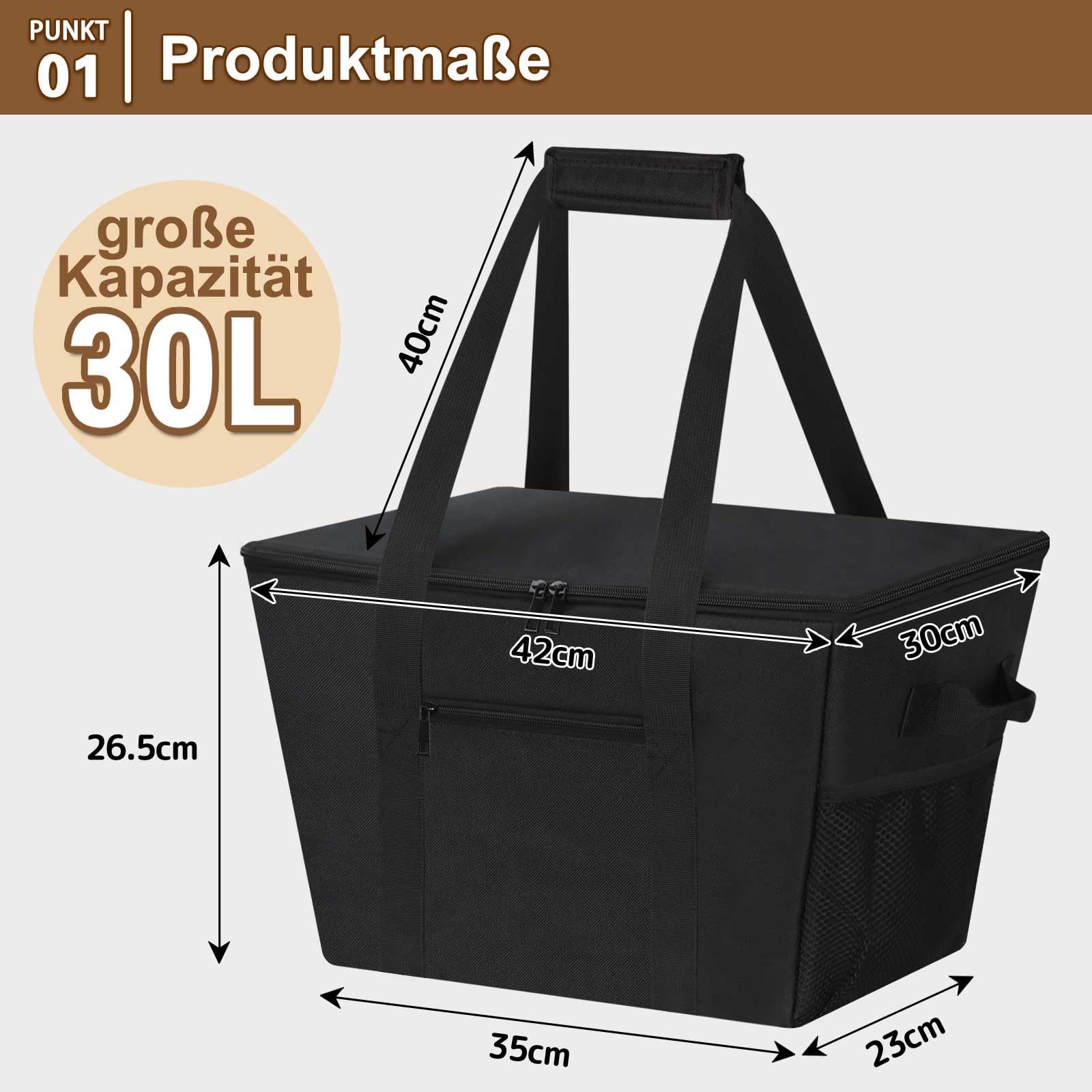 Kühltasche 30L, Groß Einkaufstasche Faltbar Thermotasche Dauerhaft Isoliertasche Picknicktasche Gefriertasche für Einkauf, Picknick, Camping, Strand, BBQ, Outdoor, Reisen, Auto, Schwarz