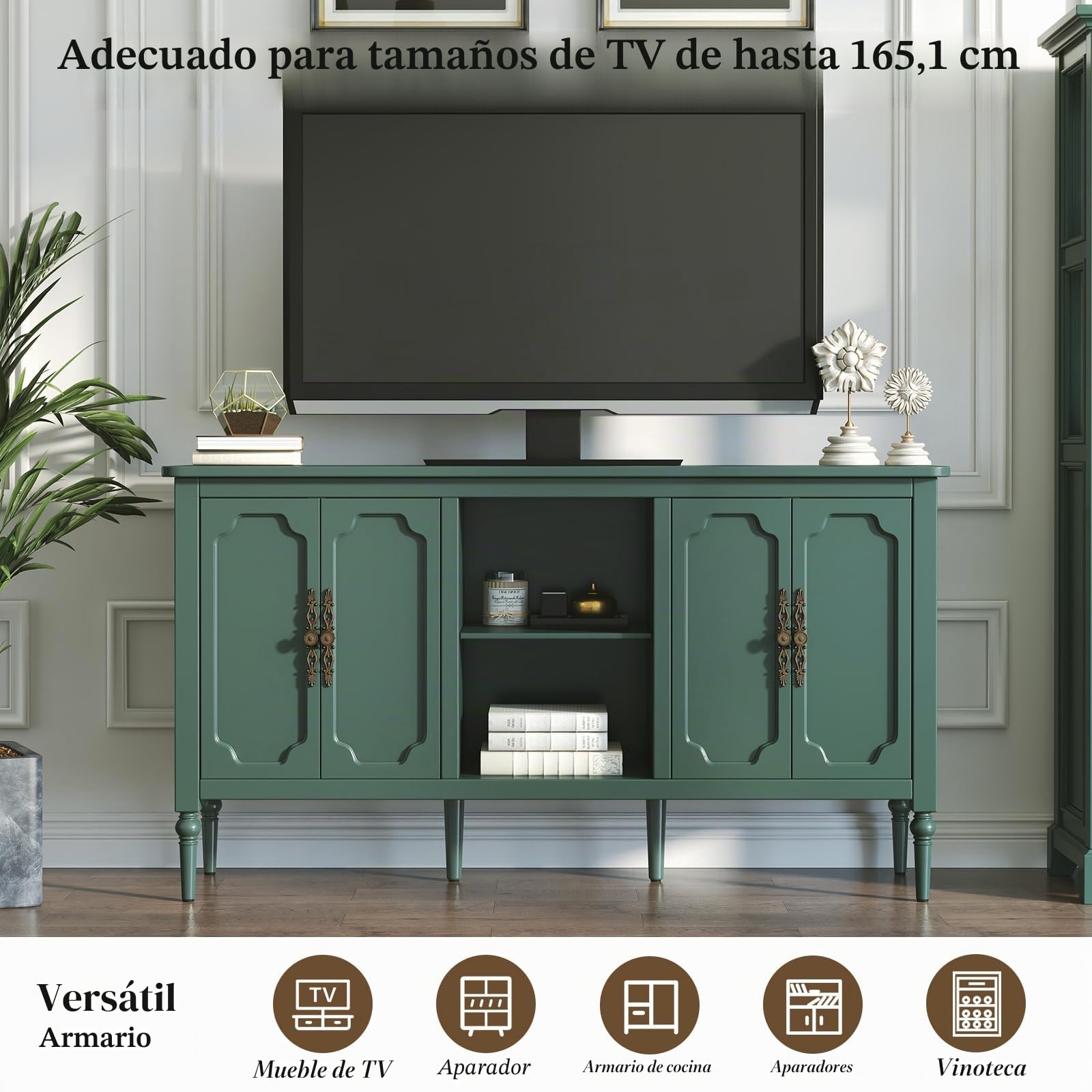 HOLTICO Aparador,Mueble Auxiliar,Cómoda De Almacenaje con 4 Puertas Y Estante Abierto,2 Estantes Ajustables En 3 Niveles,para Salón Comedor Cocina,151x40,5x80cm,Verde