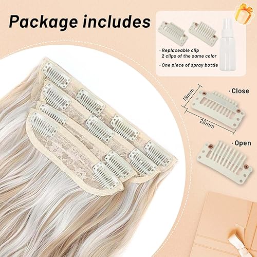 Miniatura 4 de 4 extensiones de cabello sintético con clip para mujer, rubio ceniza oscuro, mezclado con rubio decolorado, largo, ondulado, natural, 20 pulgadas,