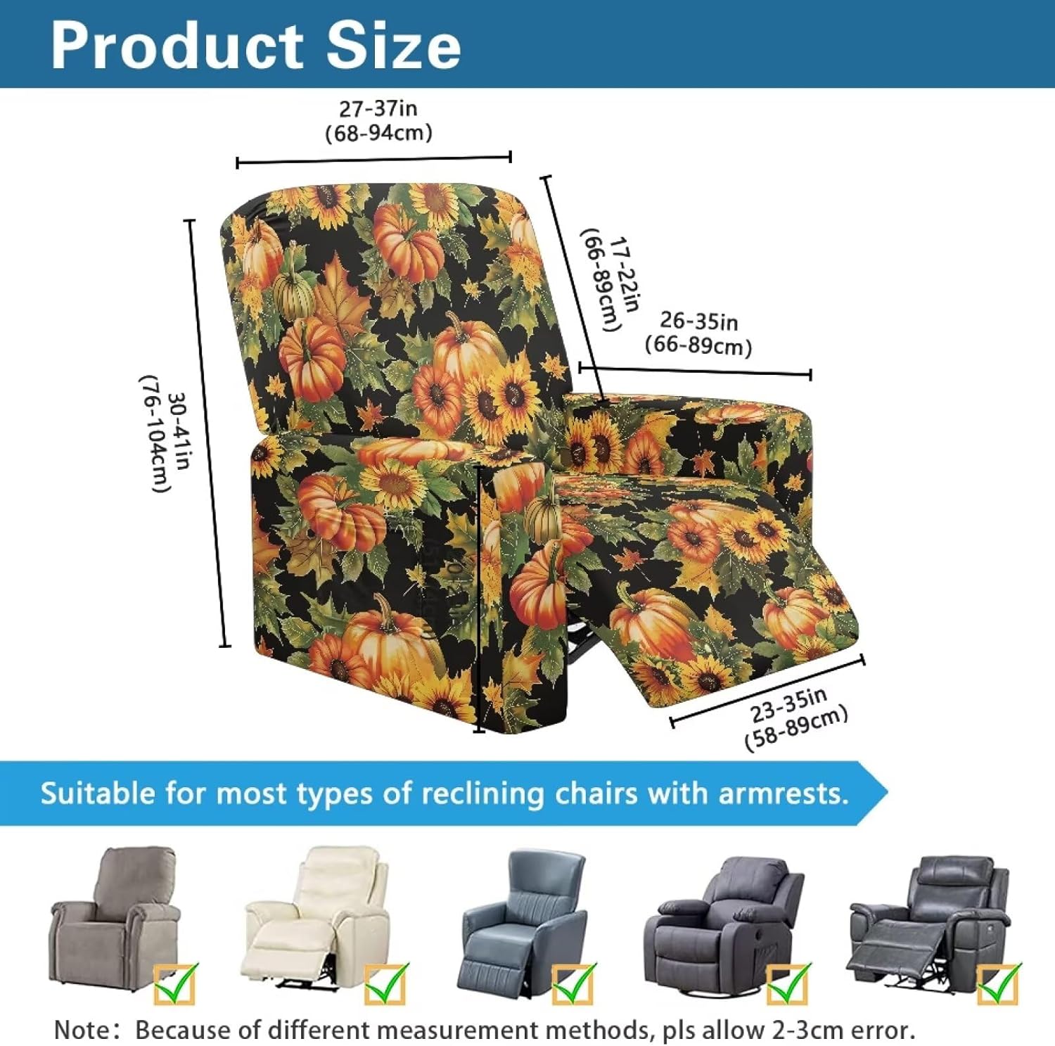 FOR U DESIGNS Pumpkin Sunflower Recliner Slip Cover 4 Pieces for Recliner Chair with Elastic Loops Non Slip Washable Fabric Protector Includes Storage Pockets