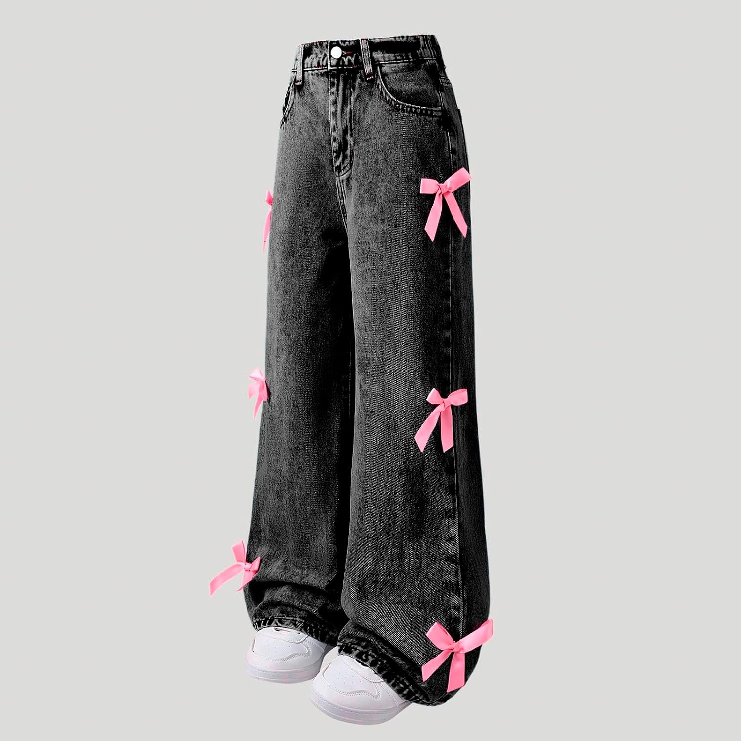Girl's Y2K Jeans Bow Applique Baggy Cute Kids Acid Wash Denim Pants High Waisted Preppy Teens Trousers with Pockets