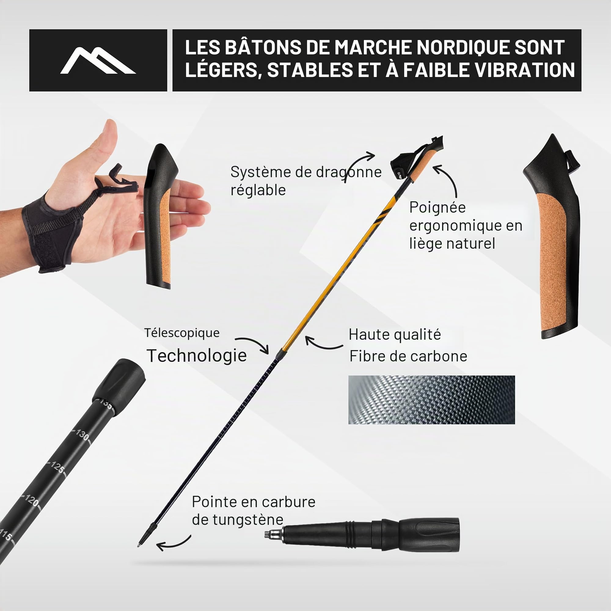Msports Bâtons de marche nordique en carbone de haute qualité – très légers– Réglables individuellement