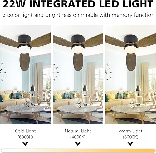 Miniatura 5 de OUATER Ventilador de techo de montaje empotrado con madera clara, ventiladores de techo modernos de perfil bajo de 52 pulgadas para