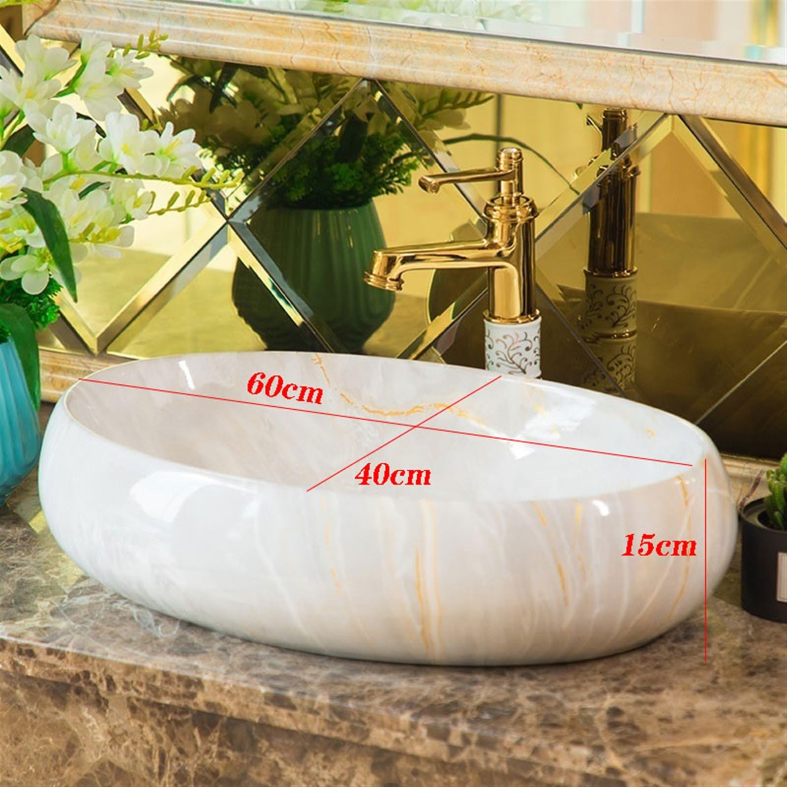 Lavabo De Encimera De Cerámica Ovalada con Accesorios Lavabo De Cerámica Pequeño para Baño Lavabo De Encimera De Cerámica con Textura De Imitación De Mármol