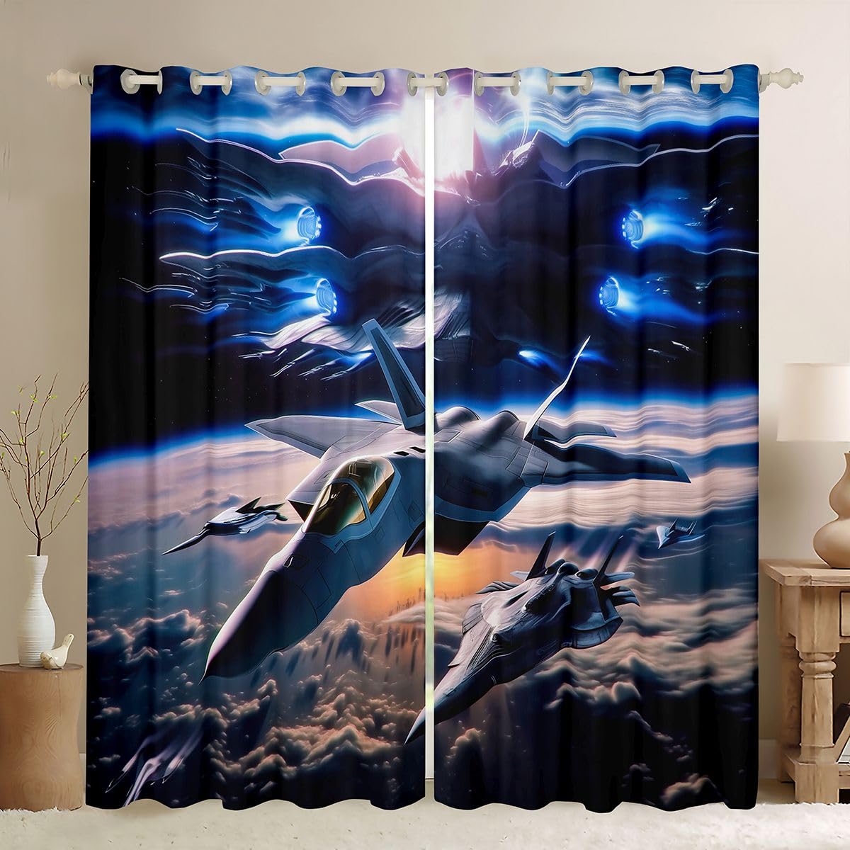 Rideau occultant 117x137 cm aéronef 3D pour chambre d'enfant sur le thème avion de combat